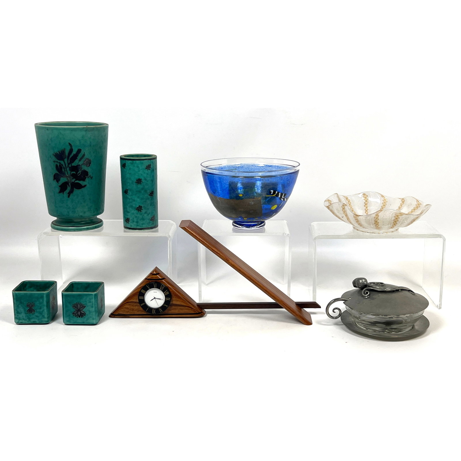 Mid Century Modern Lot. Gustavsberg Argenta, Studio wood desk clock, Kosta Boda Bert Vallien, Nekras (1 of 20)
