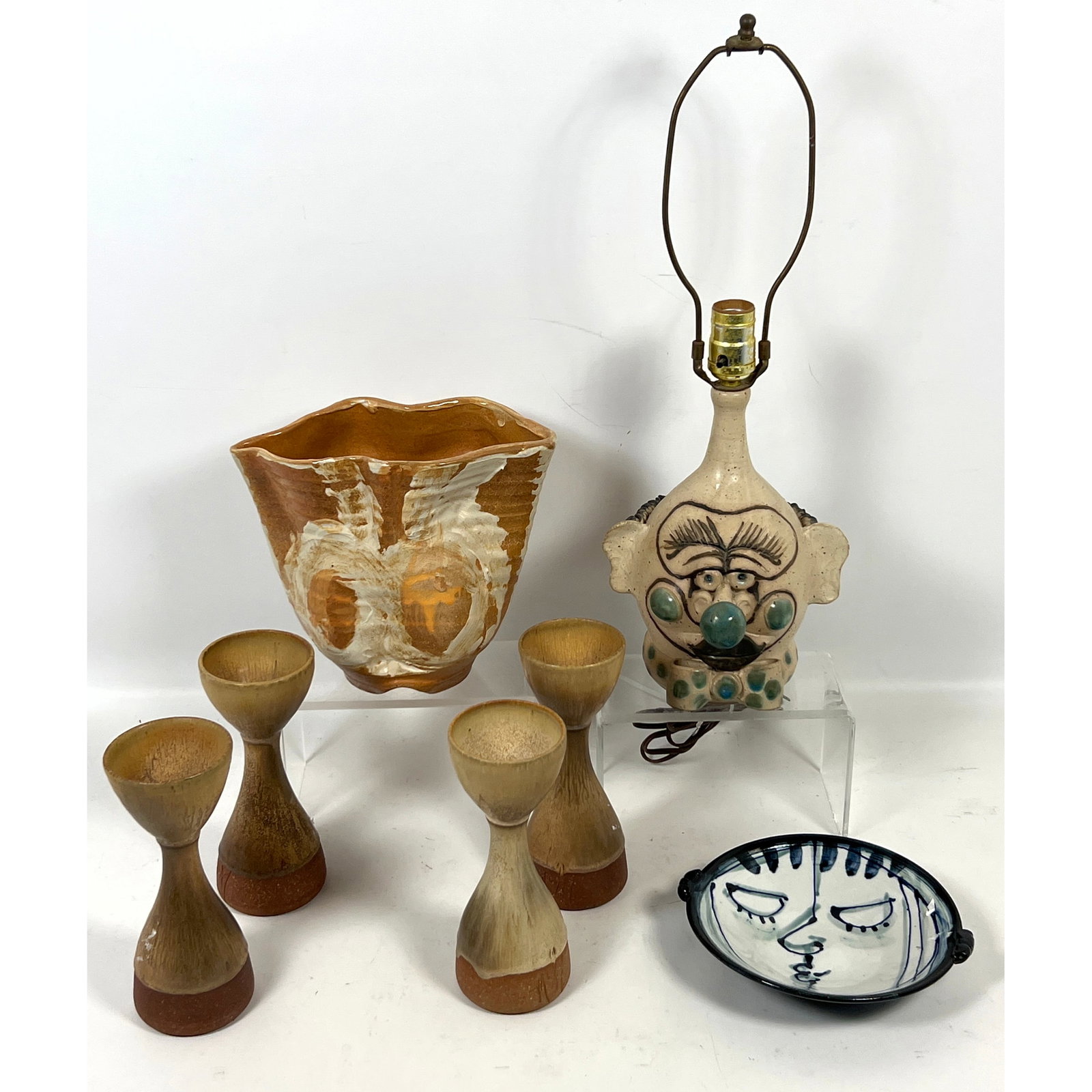 7pcs Studio art Pottery. Lamp, Candle Holders, Vase, etc. Most signed. (1 of 15)