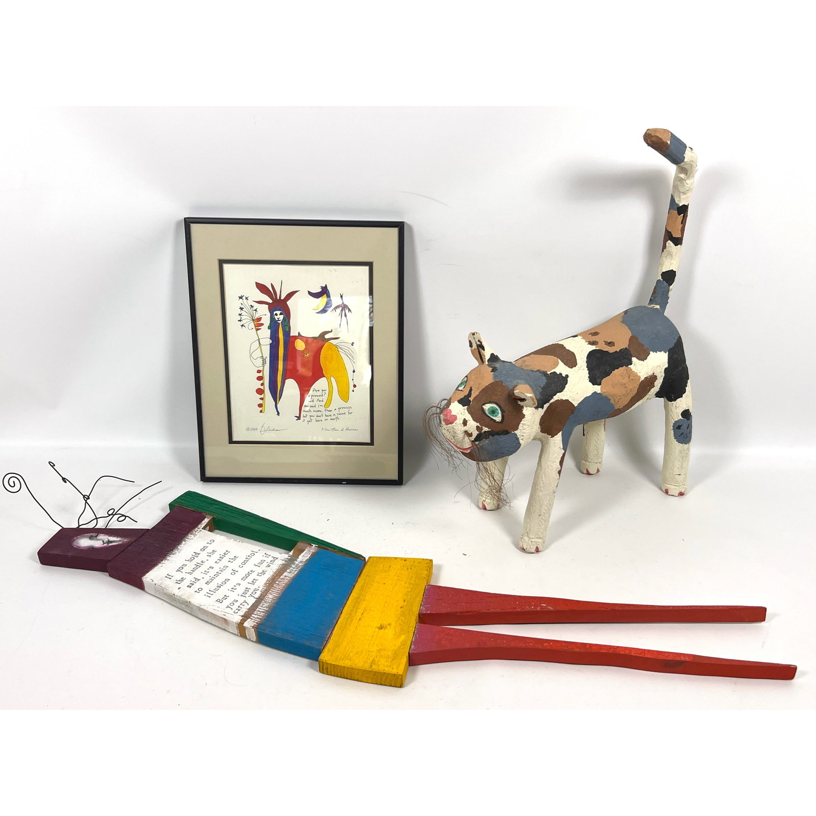 Artisan Folk Art Lot. Mike Rodriguez Wood Cat, Brian Andreas Print and Wood Sculpture.: Artisan Folk Art Lot. Mike Rodriguez Wood Cat, Brian Andreas Print and Wood Sculpture. Dimensions: Height: 38 inches, Width: 8 inches, Depth: 1 inches. --- US Packing and Shipping charge: In house shi