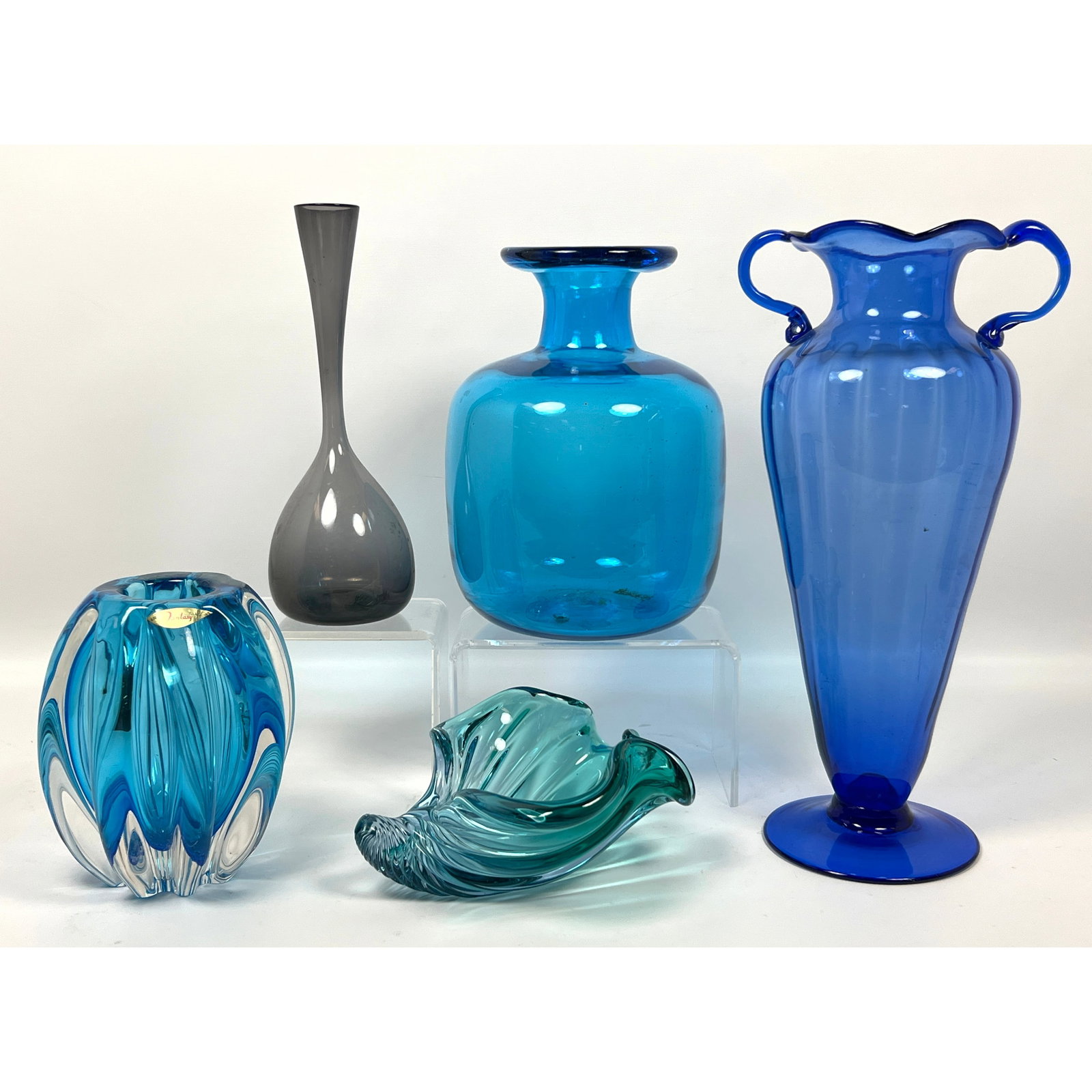 5pcs Art Blown Art Glass Lot. Mid Century Blue Art Glass, Sweden, Italian, Murano, and Blenko (1 of 19)