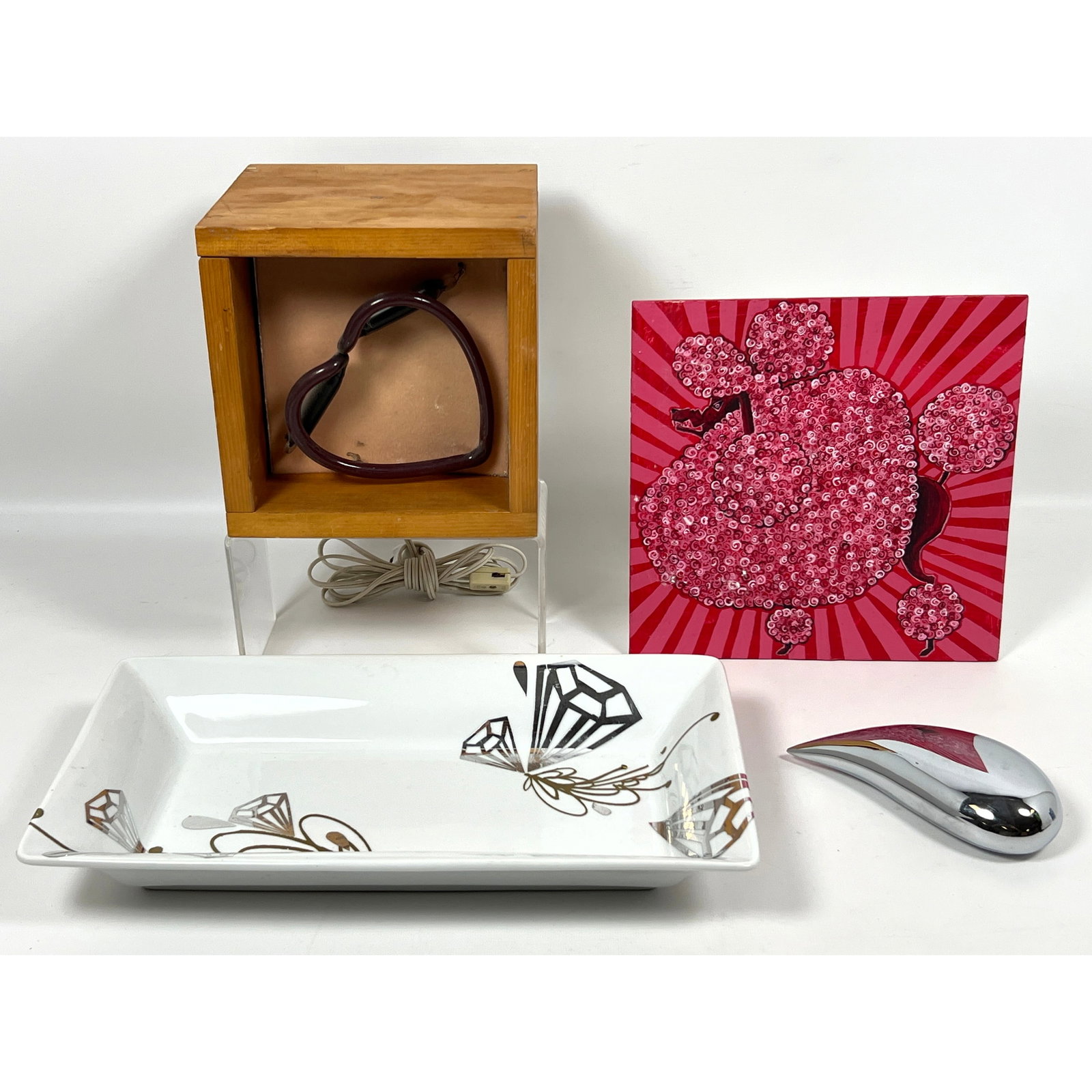 Pop Art Lot. Eurhi Jones Poodle painting Snarl, Ron Pompeii Neon Heart Sculpture in wood Box, Chrome (1 of 16)