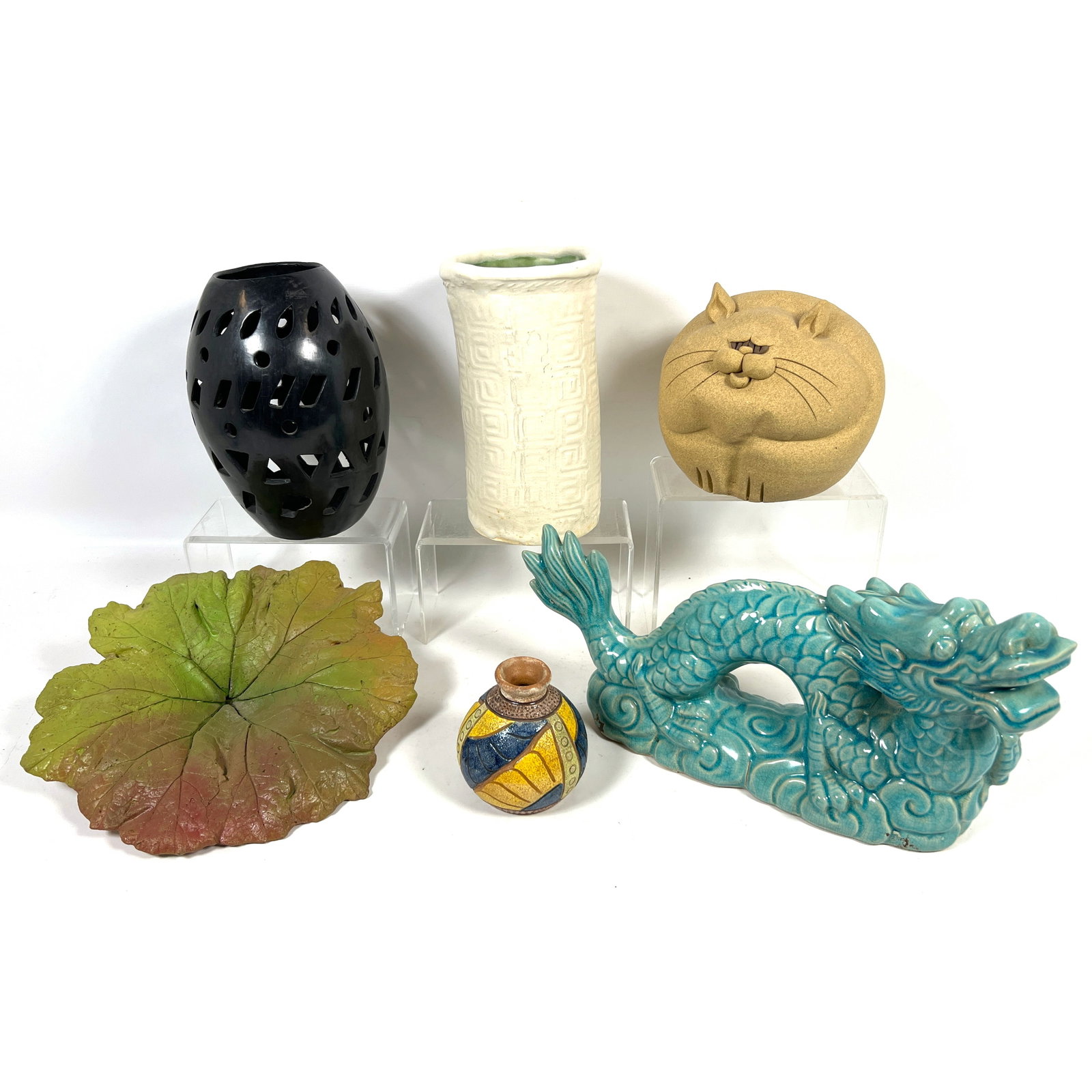 6pcs Art Pottery. Dragon Figurine, Cat Bank, Artist signed vases, Signed leaf wall Hanging. (1 of 20)