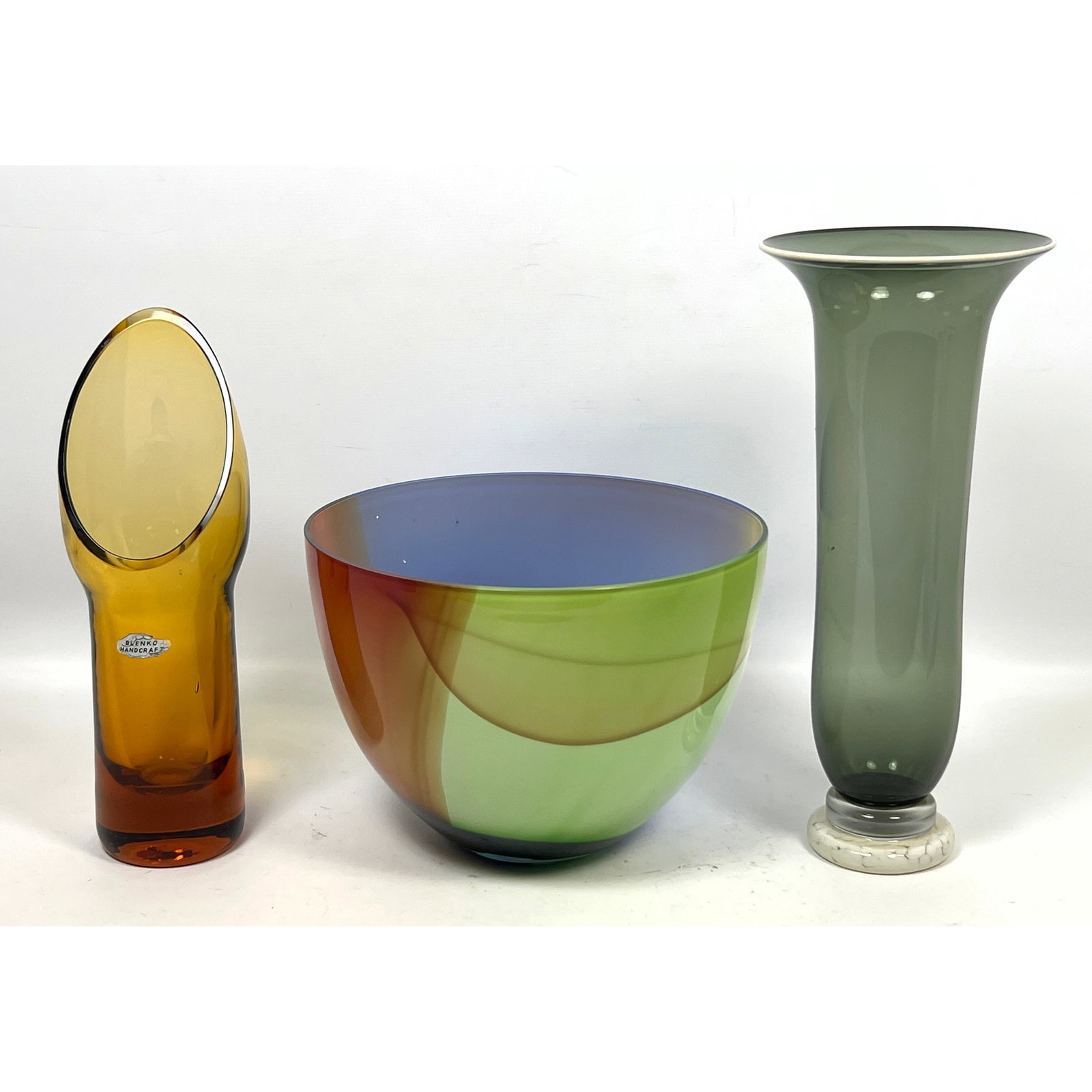 3pcs Art Glass. Blenko Wayne Husted Orange Vase, Murano/Kosta Boda Style Swirled Bowl, and Handmade (1 of 20)