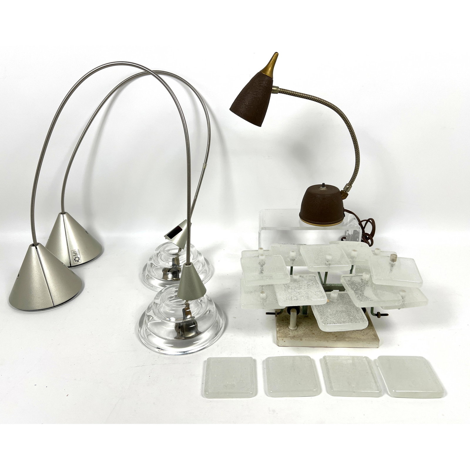 Mid Century Modern Lighting Lot. Gooseneck desk lamp, Leucos Murano Pendant Lights, Austria wall Sco: Mid Century Modern Lighting Lot. Gooseneck desk lamp, Leucos Murano Pendant Lights, Austria wall Sconce. Dimensions: Height: 10 inches, Width: 13 inches, Depth: 6.5 inches. --- US Packing and