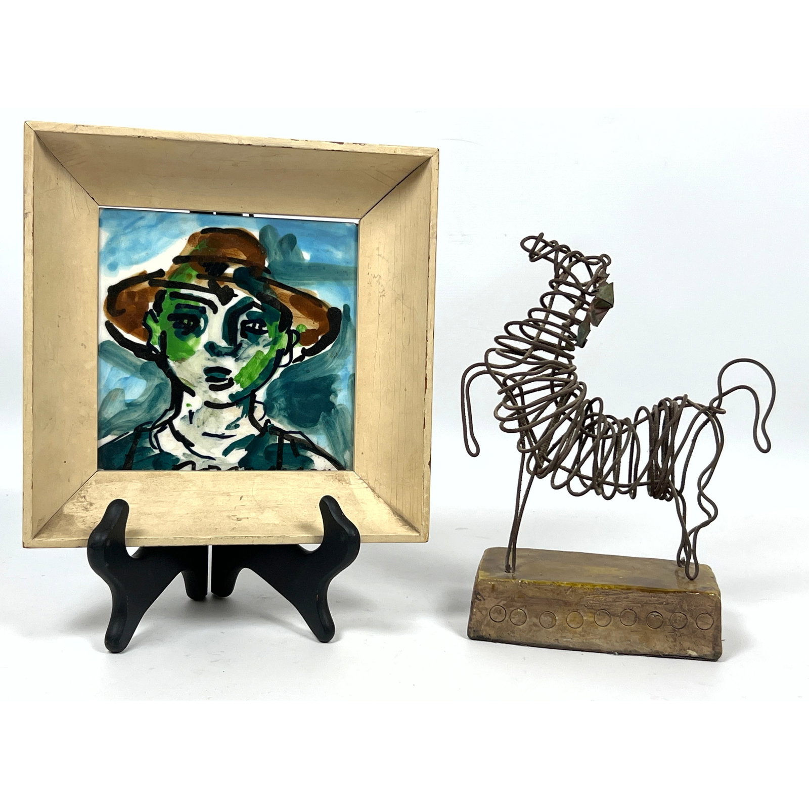 2pcs Mid Century Modern. Wire Horse sculpture, Hand Painted Framed Tile.: 2pcs Mid Century Modern. Wire Horse sculpture, Hand Painted Framed Tile. Dimensions: Height: 9 inches, Width: 9 inches, Depth: 2 inches. - Additional Dimensions: Horse H: 9.5 inches, W: 7 inches, D: