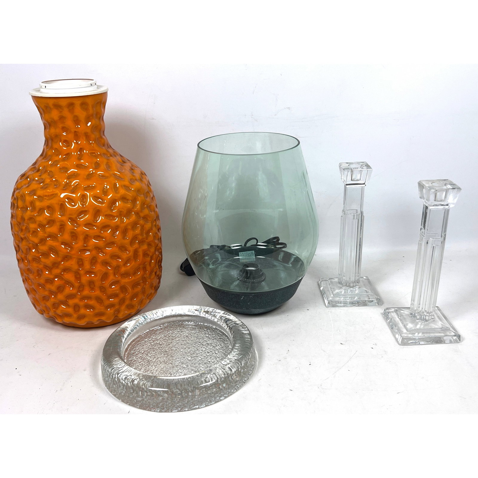 5pcs Art Glass. Lamp base, Waterford Candlesticks, etc: 5pcs Art Glass. Lamp base, Waterford Candlesticks, etc Dimensions: Height: 16 inches, Width: 10 inches, Depth: 10 inches. --- US Packing and Shipping charge: In house shipping available. Will be