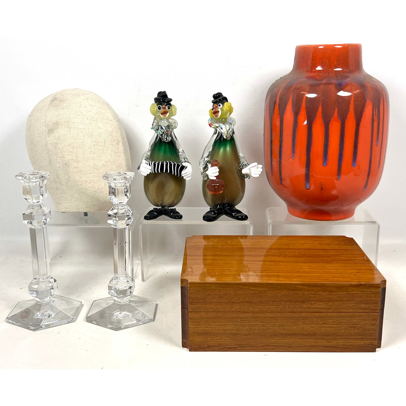 Mid Century Modern Lot. Art Pottery, Murano Glass Clowns, Teak Box, Val St Lambert Candlesticks, etc: Mid Century Modern Lot. Art Pottery, Murano Glass Clowns, Teak Box, Val St Lambert Candlesticks, etc. Dimensions: Height: 12.25 inches, Width: 8.25 inches, Depth: 8.25 inches. --- US Packing and