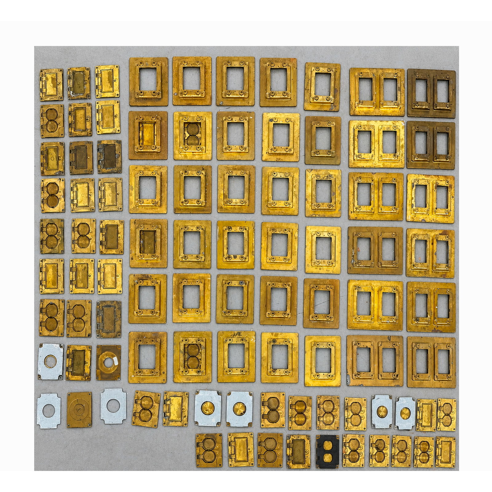 Collection Mostly Brass Electrical Box Covers Plates. Several Duplex Covers. Lots of Variations. Som: Collection Mostly Brass Electrical Box Covers Plates. Several Duplex Covers. Lots of Variations. Some marked WALKER. Dimensions: Height: 6 inches, Width: 5 inches, Depth: 1 inches. --- US Packing and