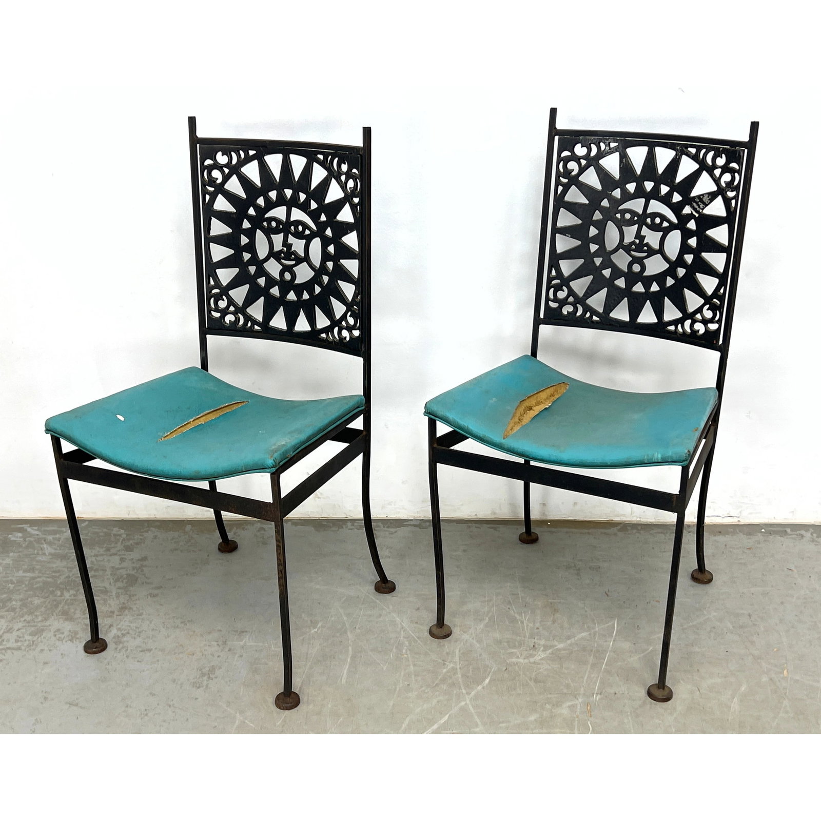 Pair Shaver-Howard Iron Side Chairs. Sun face backs.: Pair Shaver-Howard Iron Side Chairs. Sun face backs. Dimensions: Height: 36 inches, Width: 18 inches, Depth: 16 inches. - Seat Height: 17 inches ---