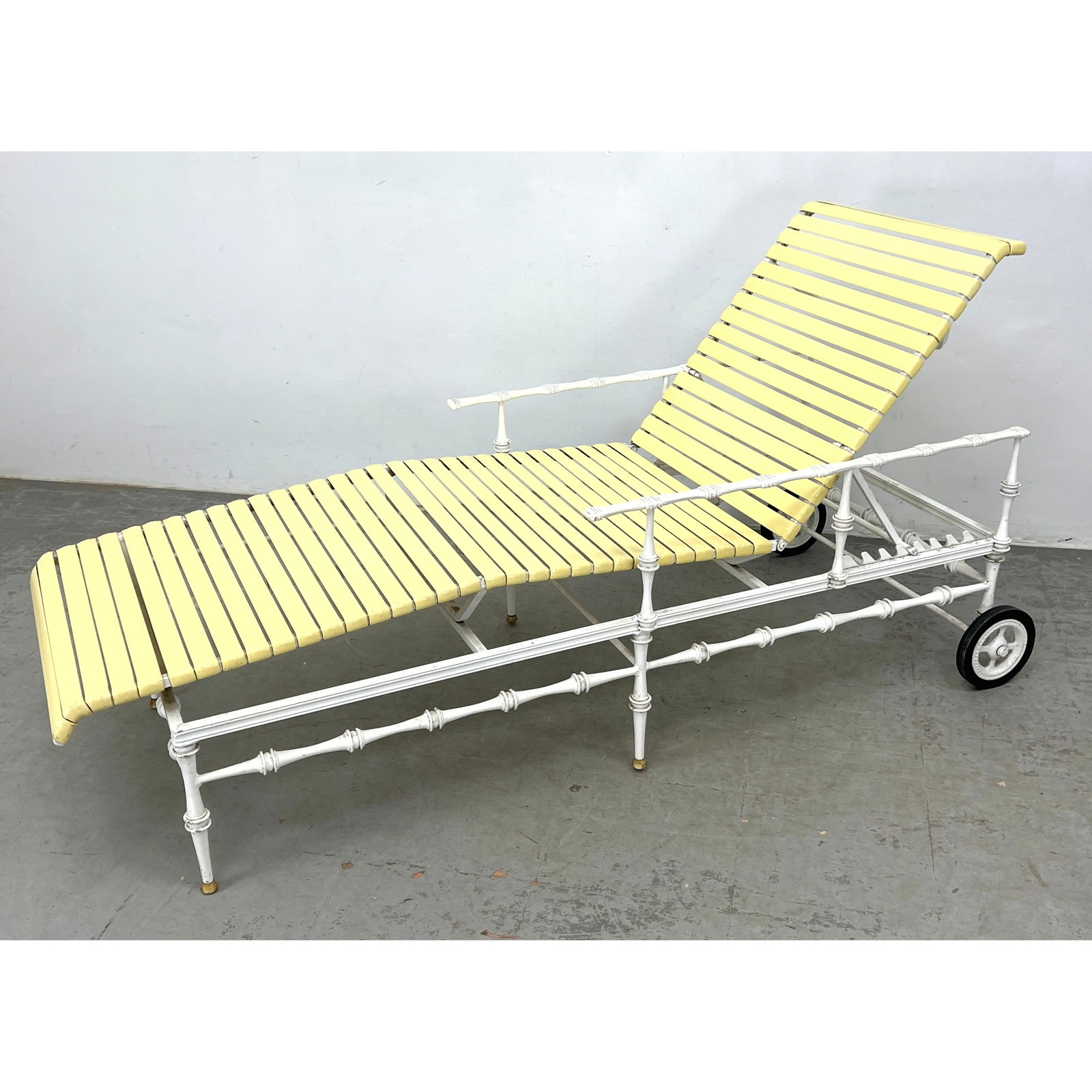 Iron Chaise Lounge Recliner. White Painted Frame with Decorative Faux Bamboo Trim. Pale Yellow Rubbe (1 of 6)