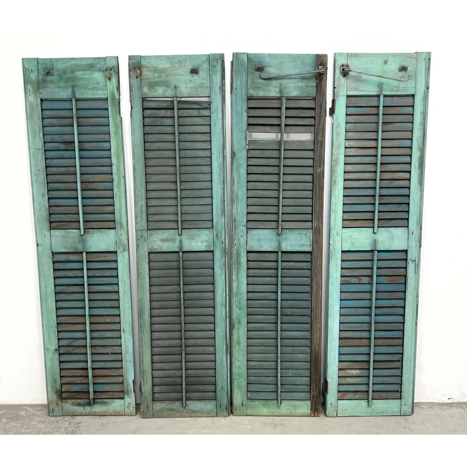 Set 4 Vintage Window Shutters. Best Rich Verdigris Paint Color.: Set 4 Vintage Window Shutters. Best Rich Verdigris Paint Color. Dimensions: Height: 65.25 inches, Width: 16.5 inches, Depth: 2.5 inches. ---