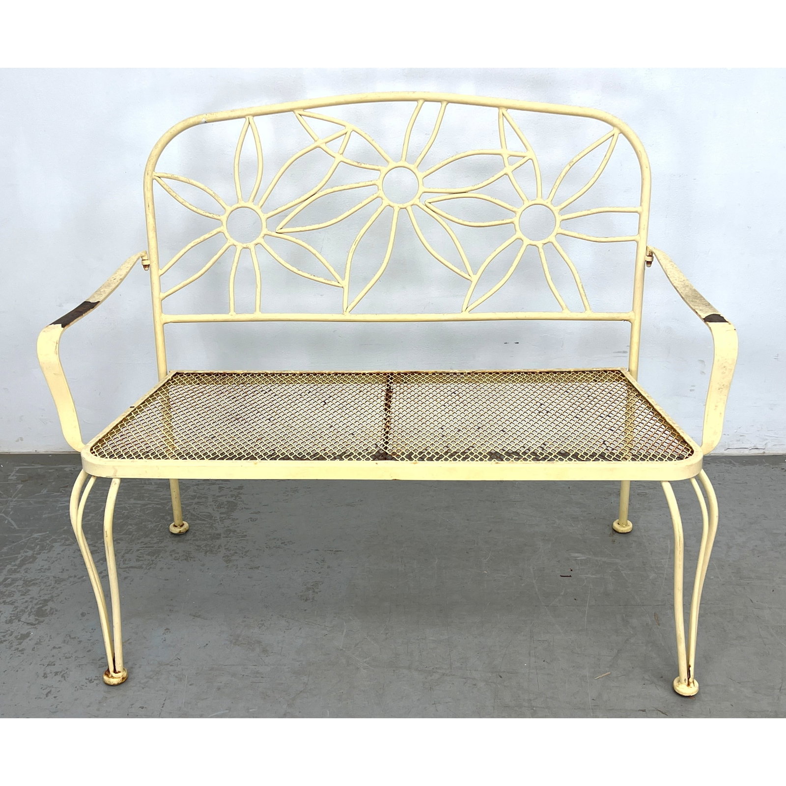 Vintage Wrought Iron Floral Garden Settee, Painted, 1980s: Vintage Wrought Iron Floral Garden Settee, Painted, 1980s Dimensions: Height: 35 inches, Width: 44 inches, Depth: 26 inches. - Seat Height: 17 inches ---