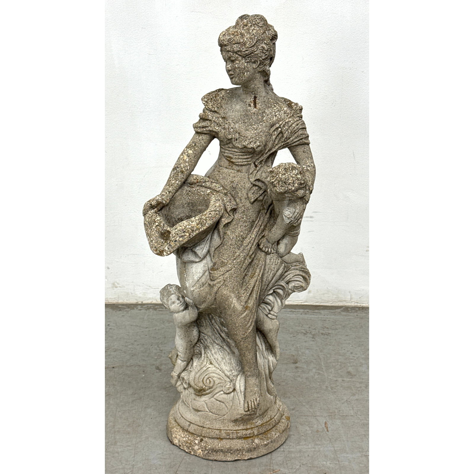 HENRI STUDIO Cast Cement Figural Lady Garden Ornament Sculpture. Elegant Woman with Two Cherubs. Out (1 of 9)