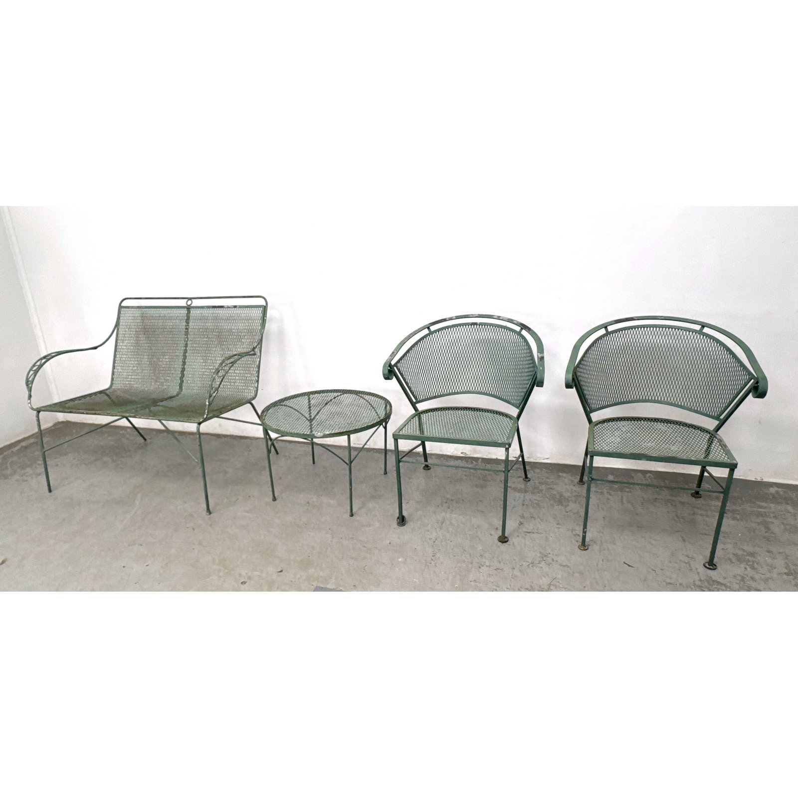 Outdoor Iron Garden Patio Set. Mesh Iron with curving accents. Settee chairs and table. (1 of 17)