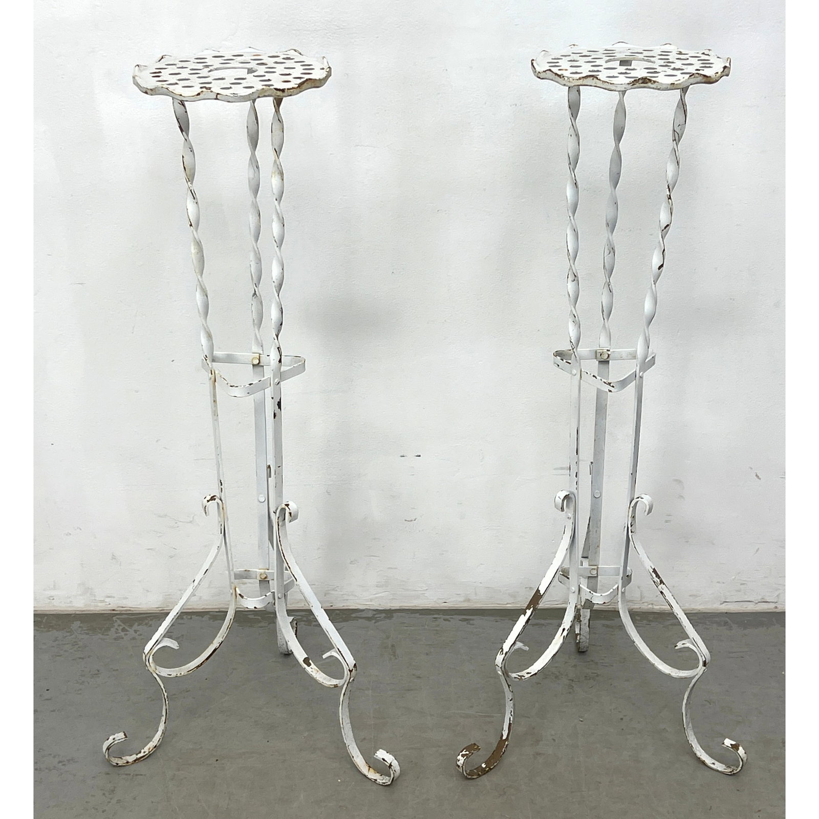 Pr Iron Outdoor Tall Plant Stands. Tripod Bases support Pierced Metal Top. Painted White. Garden, Pa (1 of 11)