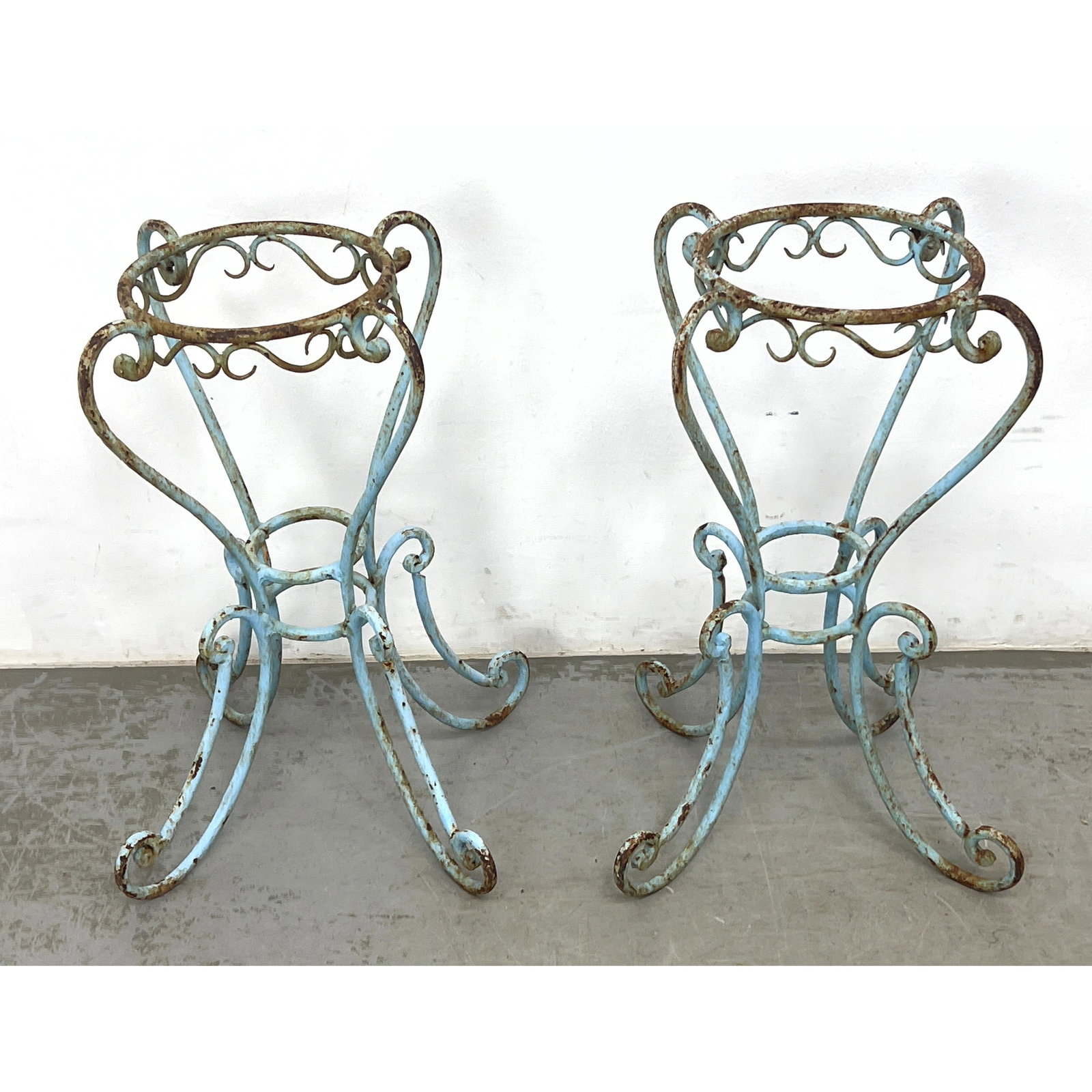 Pr Decorative Iron Outdoor Plant Stands. 4 Scroll form legs. Open rings to tops. Blue paint finish. (1 of 10)