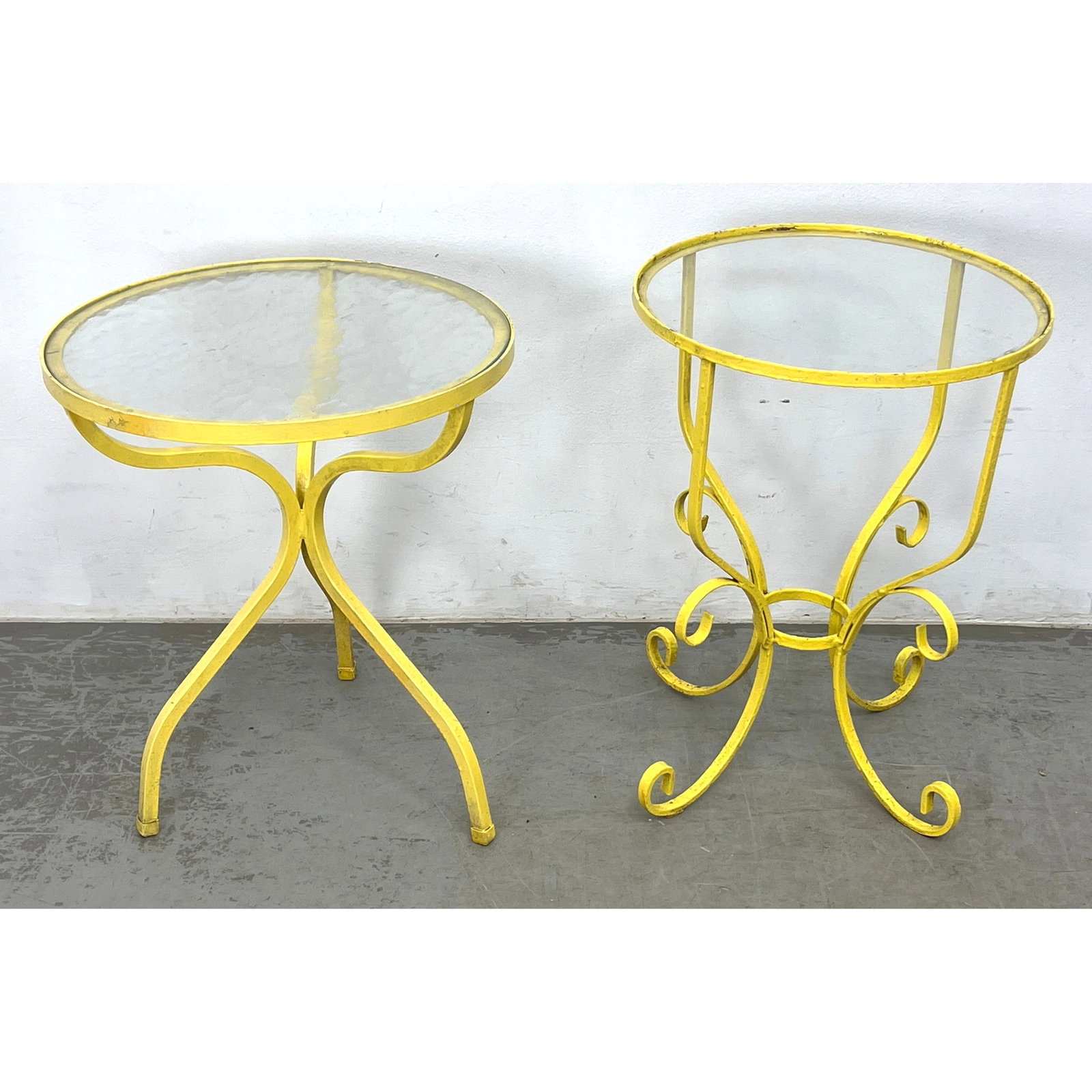 2pcs Vintage Iron and Glass Garden Tables. Yellow painted finish. (1 of 11)