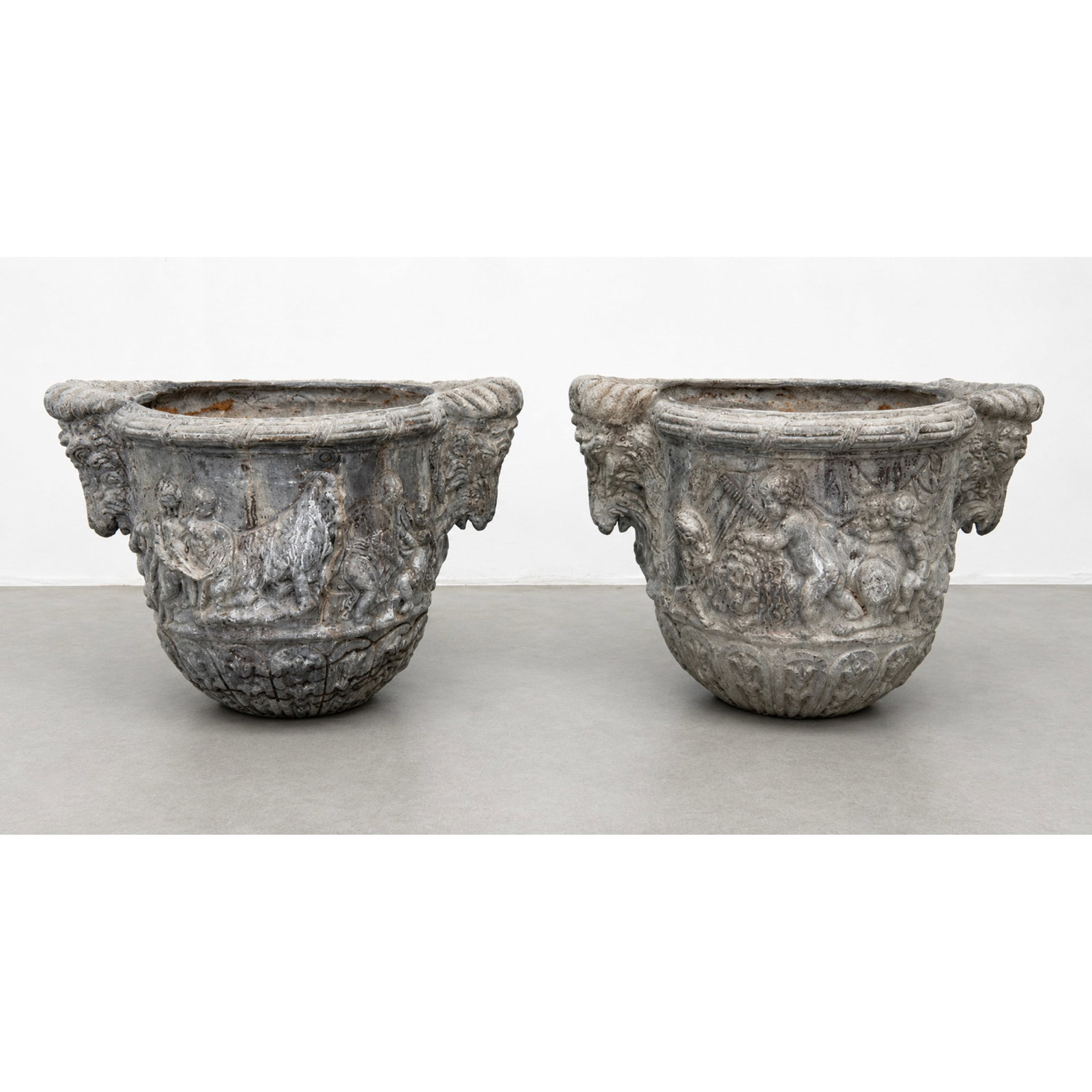 Pr Neo Classical Outdoor Planters. Figural relief designs. Large Rams Head Handles. Garden. Patio. D: Pr Neo Classical Outdoor Planters. Figural relief designs. Large Rams Head Handles. Garden. Patio. Deck. Missing pedestal base heavy lead/zinc. Dimensions: Height: 19 inches, Width: 28 inches, Depth: 