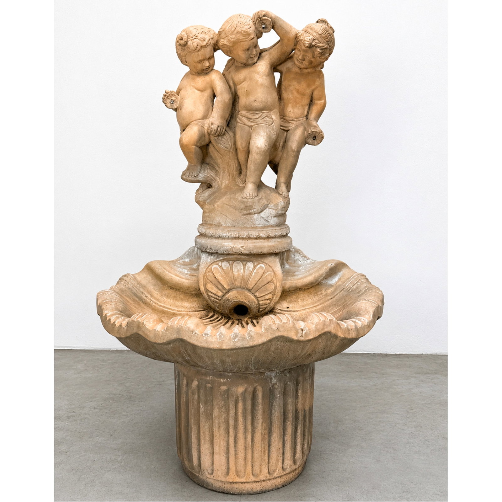 HENRI STUDIO 3 Piece Cast Stone Garden Sculpture. 3 Cherubs Putties supported by Clam Shell form Bow (1 of 14)