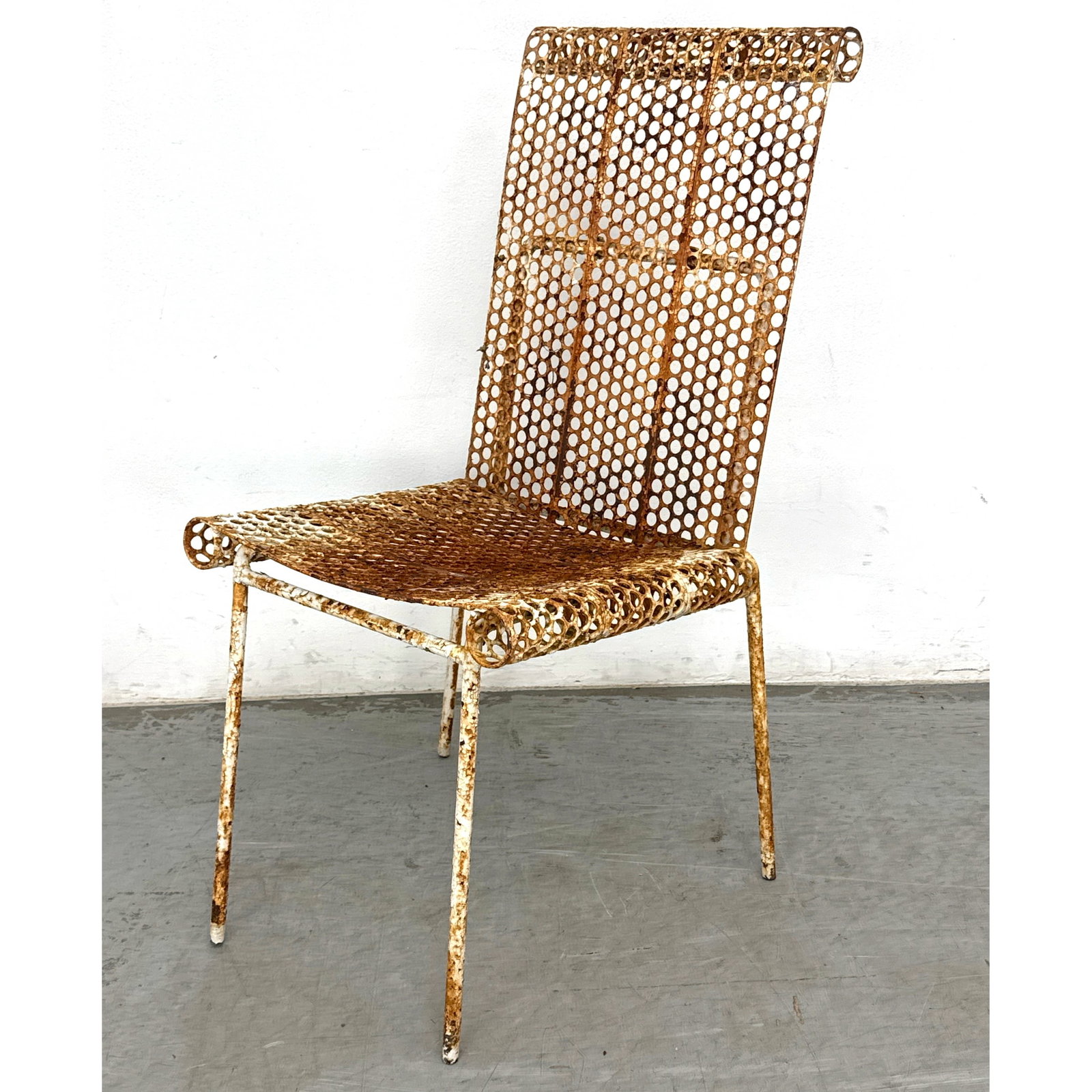 Perforated Sheet Metal Iron Outdoor Garden Chair. Style of Mathieu Mategot. Remnants of white paint (1 of 11)