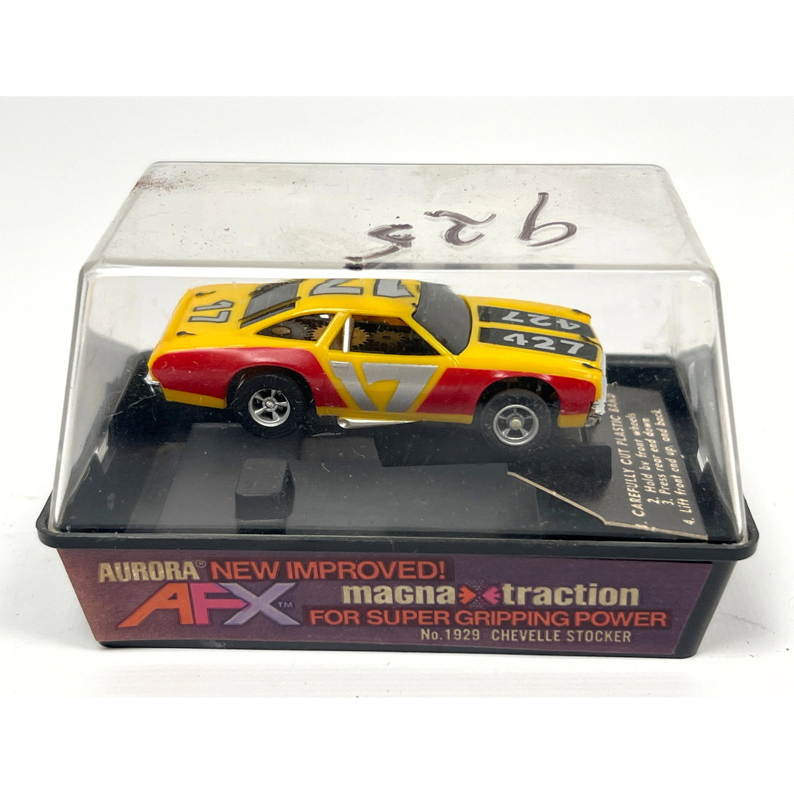 HO scale slot car is manufactured by Aurora as part of the AFX Magna-Traction line. The vehicle is a: HO scale slot car is manufactured by Aurora as part of the AFX Magna-Traction line. The vehicle is a No. 1929 Chevelle Stocker featuring a molded plastic body and a metal and plastic chassis designed 