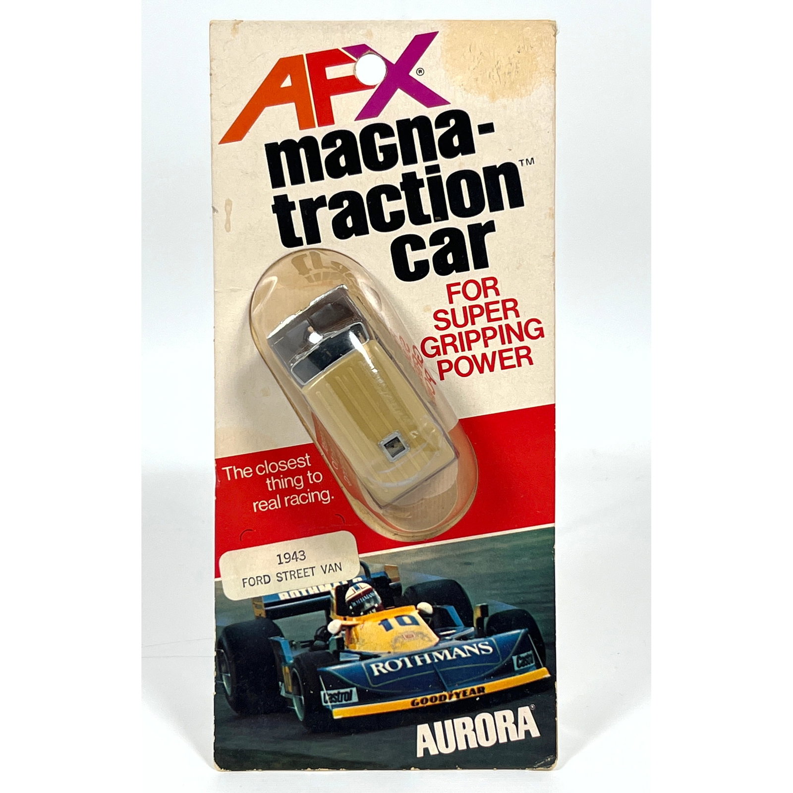 Aurora AFX Magna-Traction HO scale slot car features a 1943 Ford Street Van body. The vehicle is con: Aurora AFX Magna-Traction HO scale slot car features a 1943 Ford Street Van body. The vehicle is constructed with a molded plastic body finished in tan with a brown accent stripe along the upper half 
