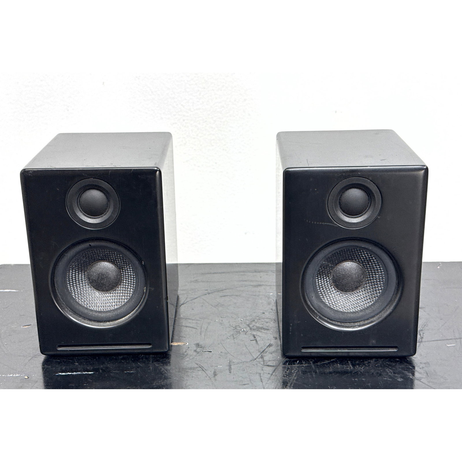 Audioengine 2 (A2) bookshelf speakers includes one active and one passive unit finished in black sat: Audioengine 2 (A2) bookshelf speakers includes one active and one passive unit finished in black satin. Dimensions: Height: 6.5 inches, Width: 4.25 inches, Depth: 6 inches. --- US Packing and Shipping