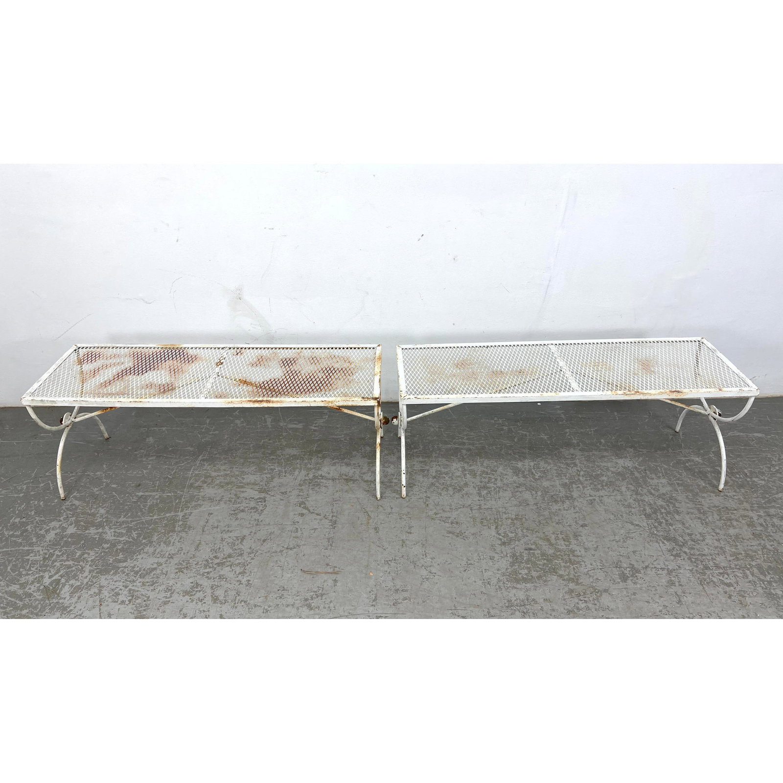 Pair Mesh Top Garden Bench Tables. Arched Legs. (1 of 18)