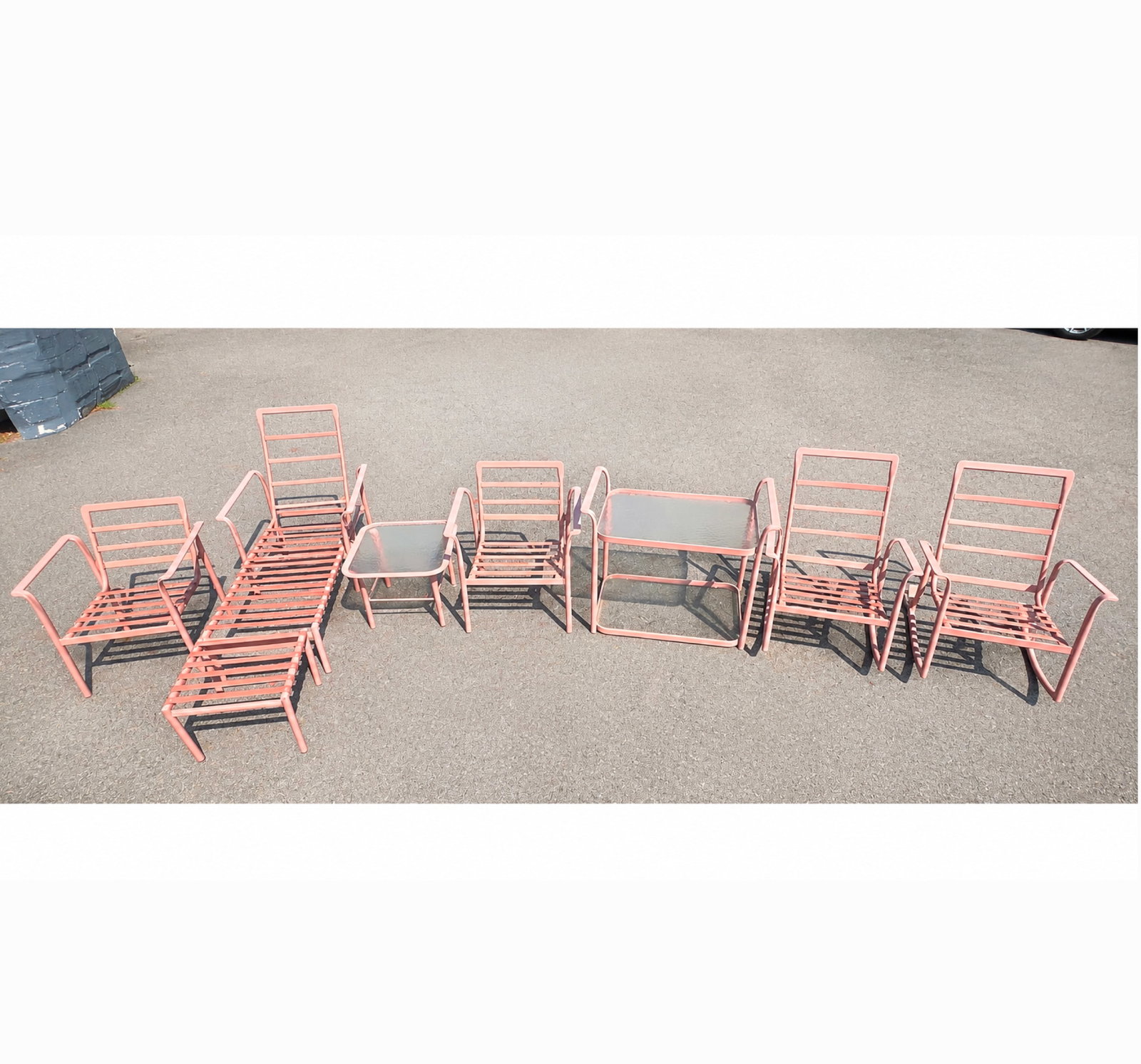 8pc Painted Metal Frame Outdoor Furniture. Chaise Lounge. Ottoman. 2 Tables. 2 Chairs. 2 Rocking Cha (1 of 11)