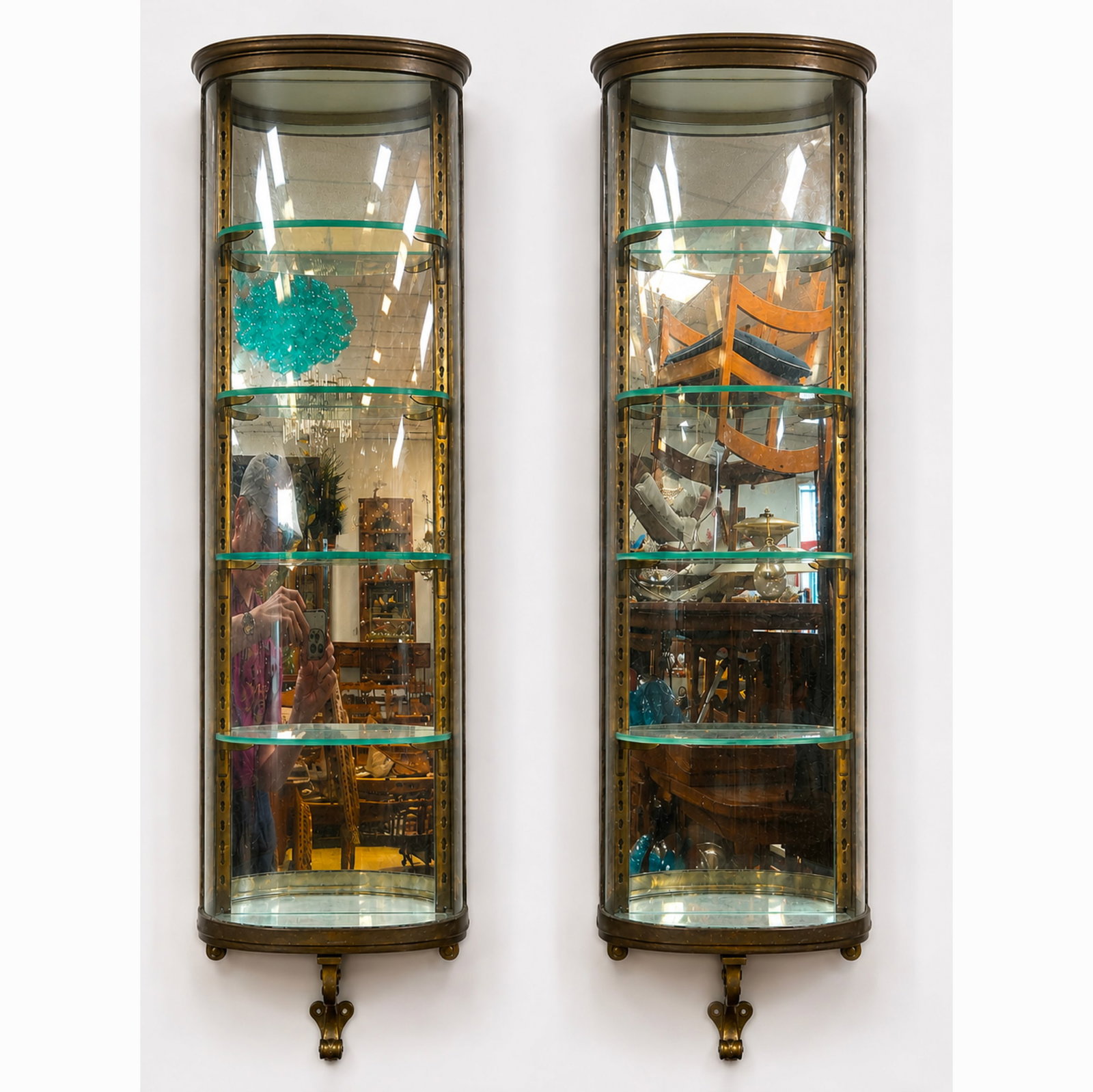 Pair 5ft Superb Bronze Wall Mount Curio Display Cabinets. Depose J.M. Paris. Curved glass with curve (1 of 20)