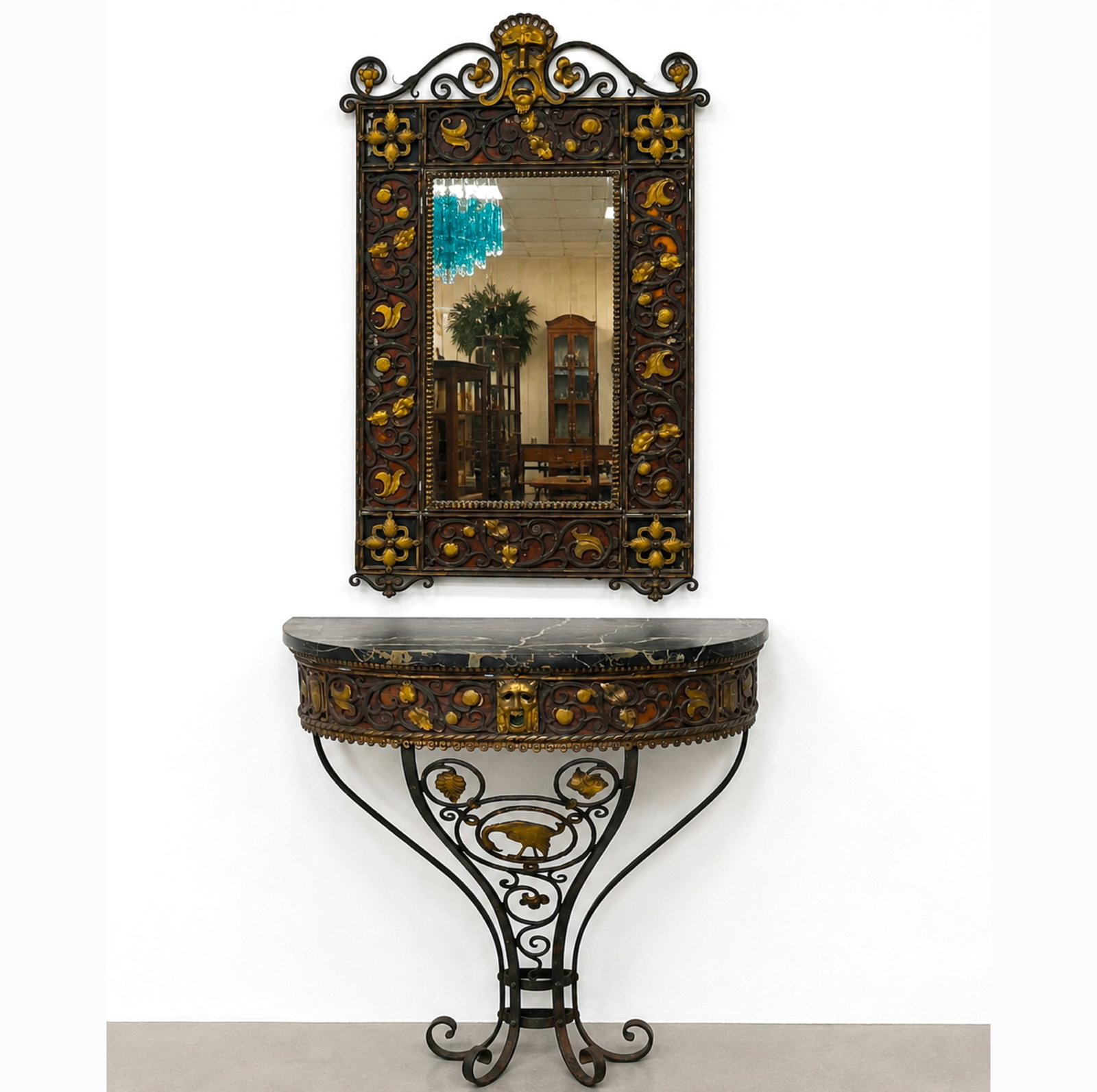 1920s Vintage Oscar Bach Wrought Iron Marble Top Console Table and Matching Wall Mirror. Gothic Art (1 of 15)