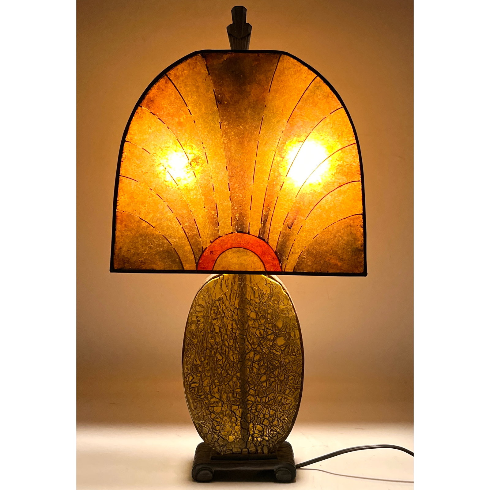 French Art Deco Antique Mica Shade Table Lamp. Amber Crackle Glass Form Supports Mica Shade with Sun: French Art Deco Antique Mica Shade Table Lamp. Amber Crackle Glass Form Supports Mica Shade with Sun Burst Motif. Period Metal Art Deco Finial. Dimensions: Height: 25 inches, Width: 13 inches, Depth: 