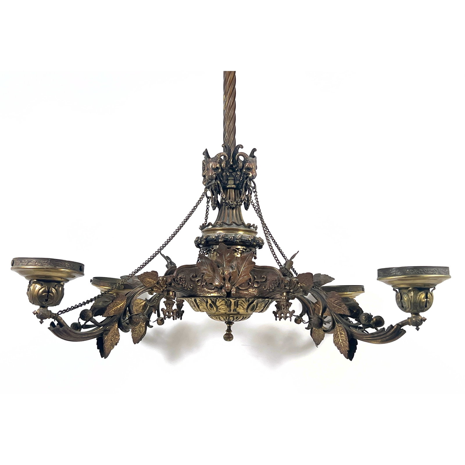 Ornate four arm chandelier executed in a neoclassical revival style. Bronze with Rams Heads. (1 of 12)