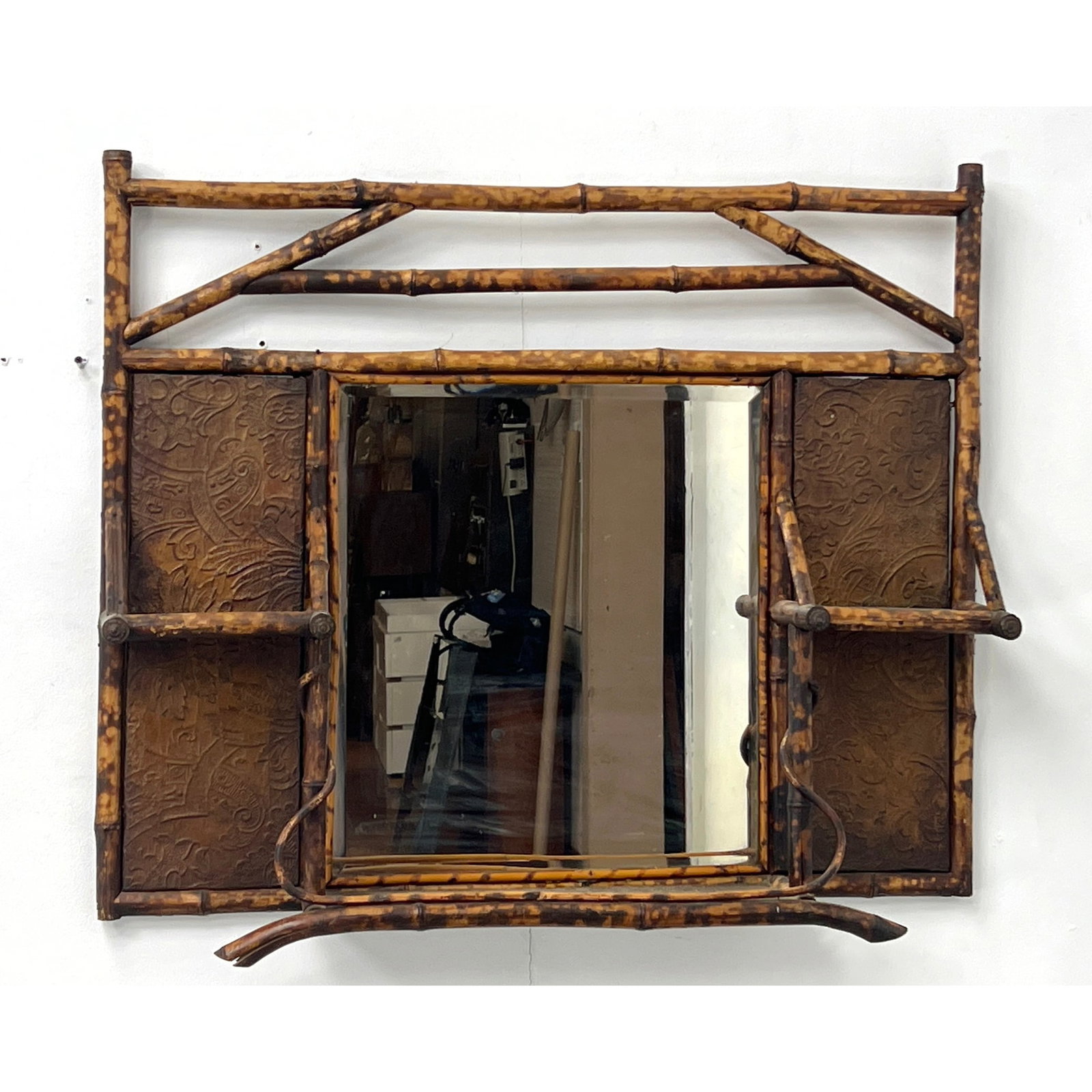 Victorian Antique Bamboo Shelf Wall Mirror. Late 19th cent. Aesthetic Movement Mirror with Display S (1 of 10)