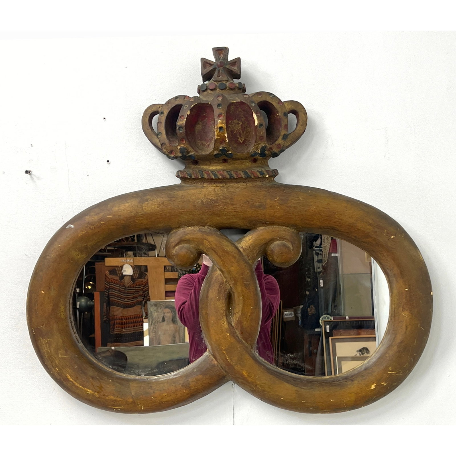 Vintage Decorator Mirror. Pretzel style form with decorative crown crest. Gilt and Polychrome Finish (1 of 8)