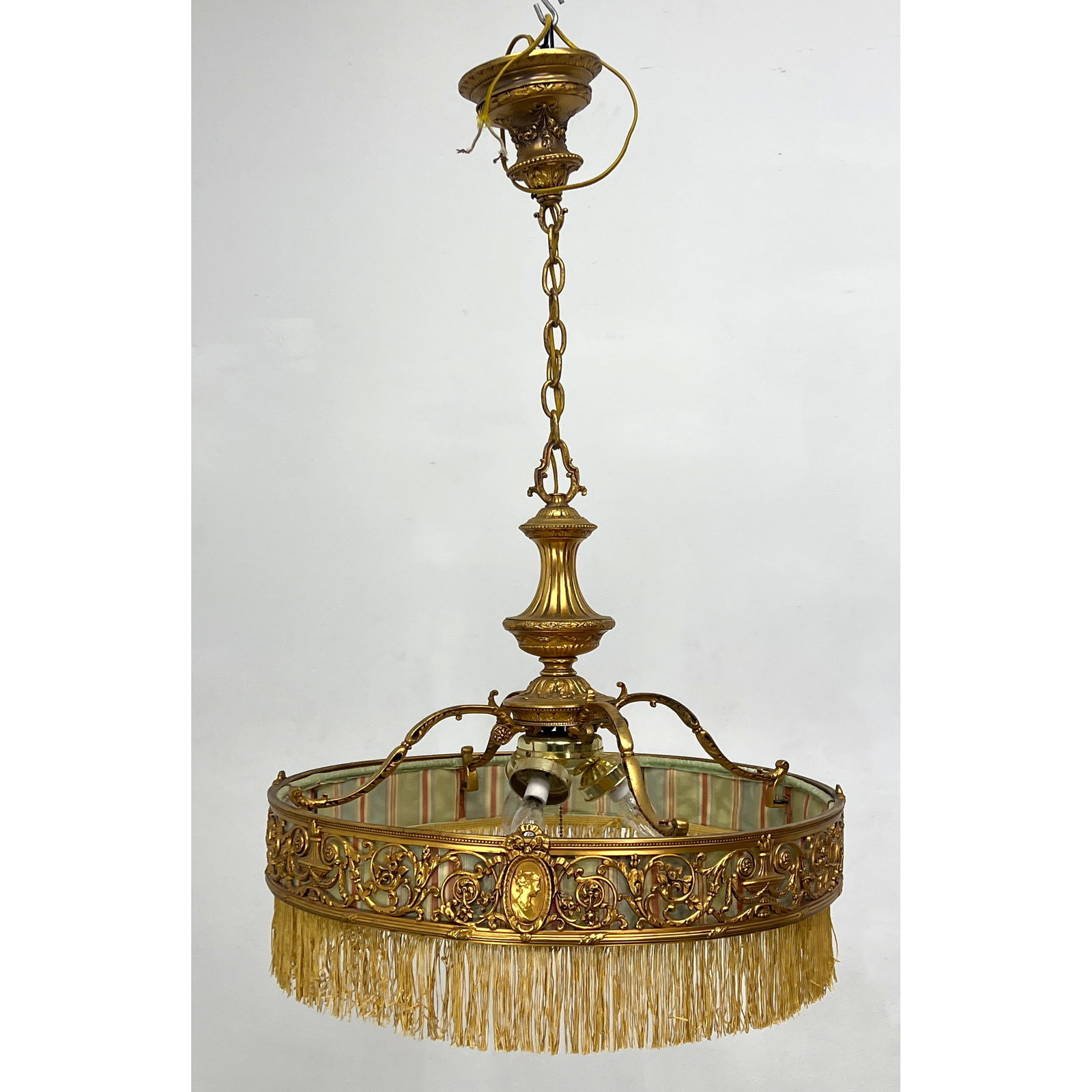 Vintage Elaborate Gilt Bronze Hanging Chandelier. Round Open Frieze with Portrait Medallions, Flame (1 of 12)