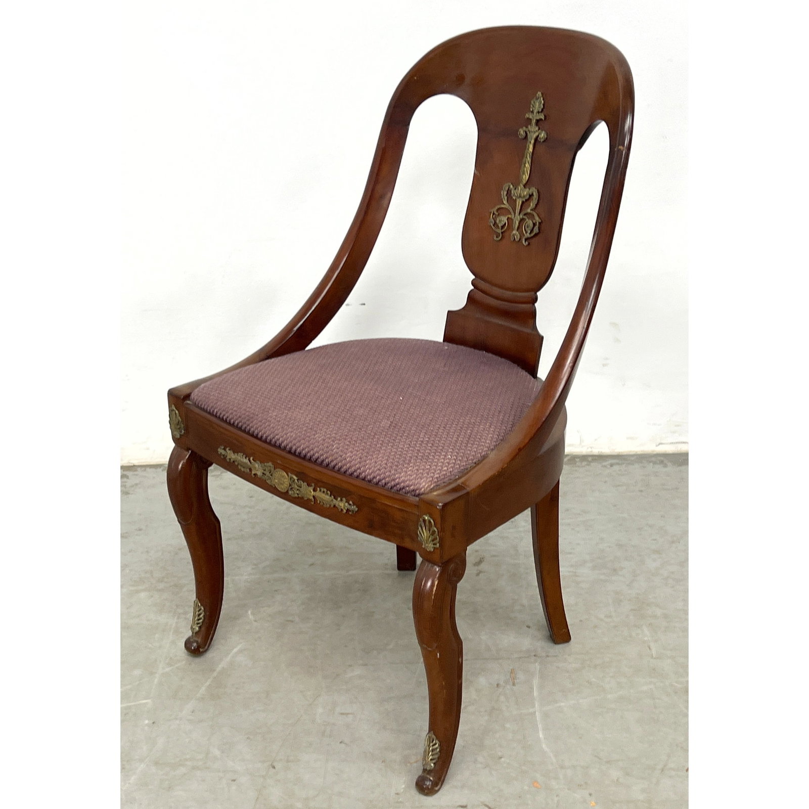 Antique French Empire Klismos Chair with Gilt Bronze Mounts.: Antique French Empire Klismos Chair with Gilt Bronze Mounts. Dimensions: Height: 32 inches, Width: 18 inches, Depth: 22 inches. - Seat Height: 15 inches ---