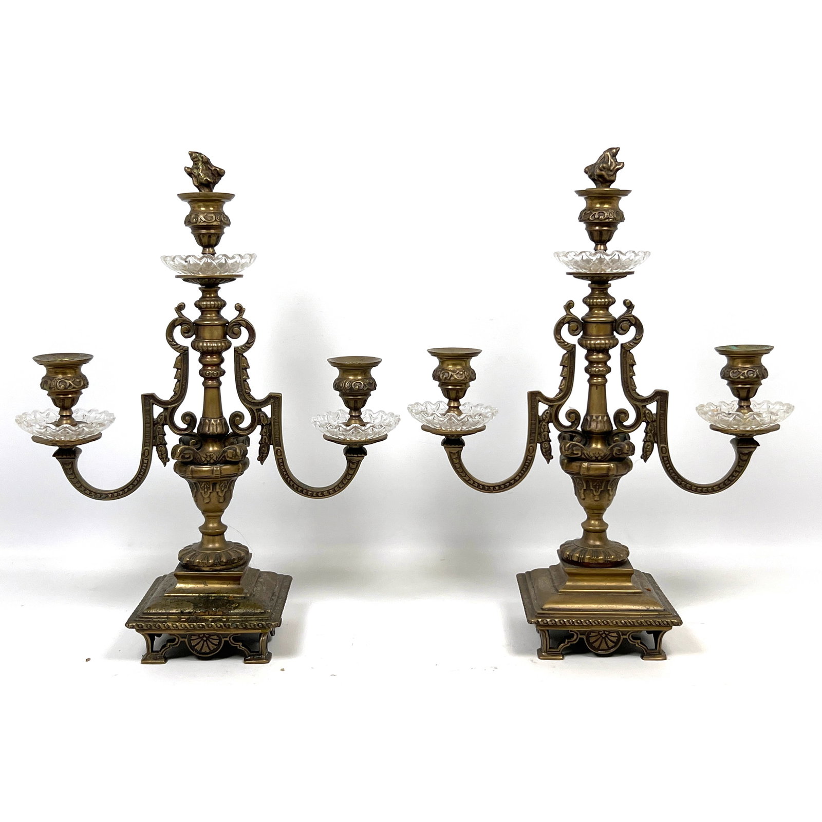 Pair of brass three-light candelabra is designed in the Neoclassical style, (1 of 12)