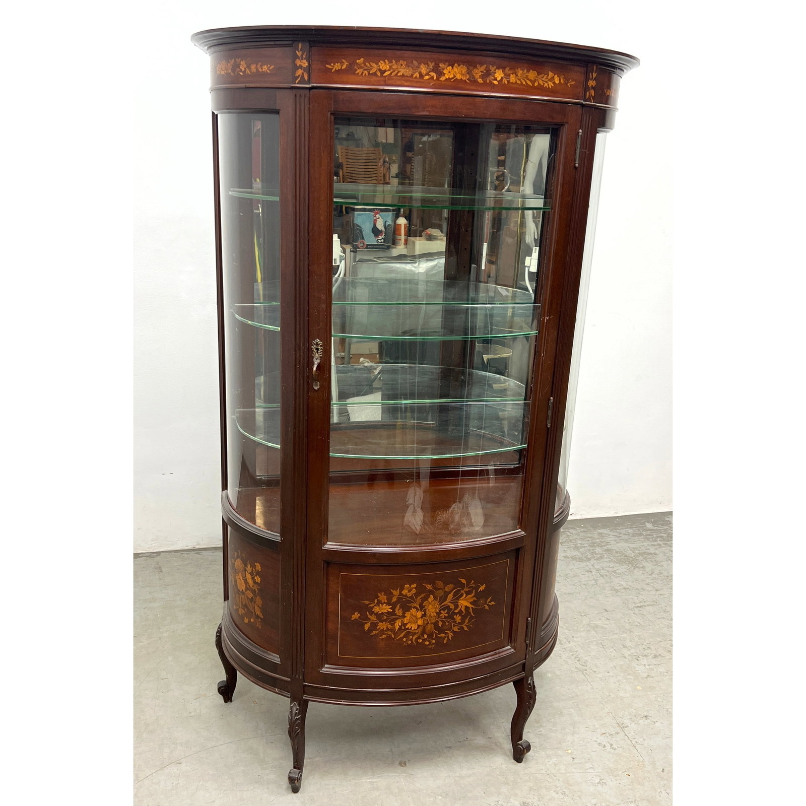 Antique French Louis XV style mahogany marquetry inlaid Vitrine Curio Cabinet. Bowed glass.: Antique French Louis XV style mahogany marquetry inlaid Vitrine Curio Cabinet. Bowed glass. Dimensions: Height: 64 inches, Width: 36 inches, Depth: 16 inches. ---