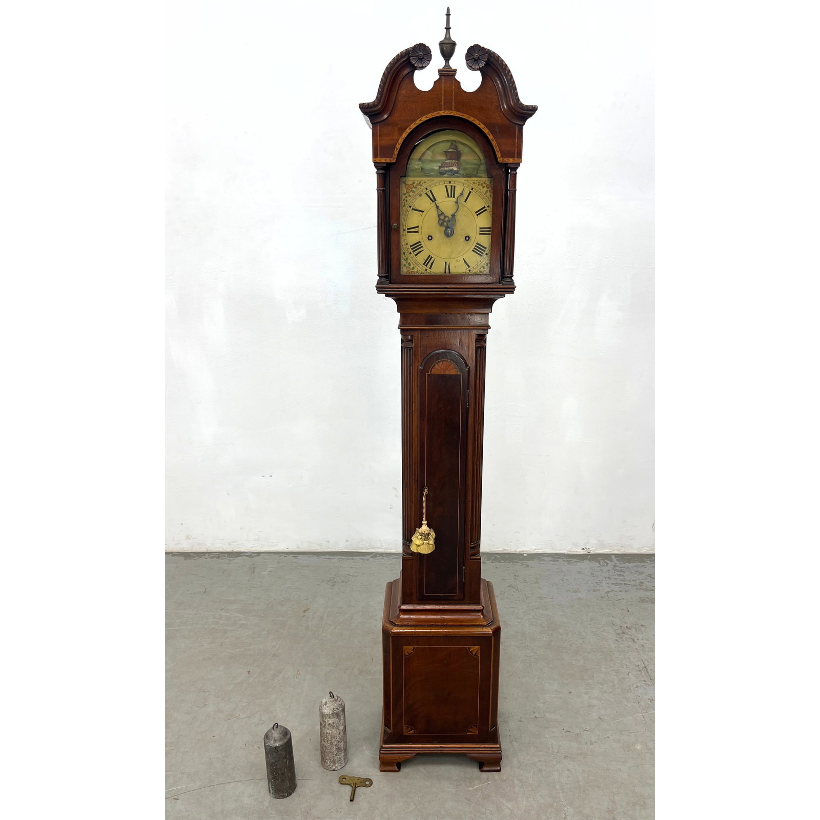 Antique Miniature Federal style tall case style clock. Painted face with ship. Mahogany case embelli (1 of 14)