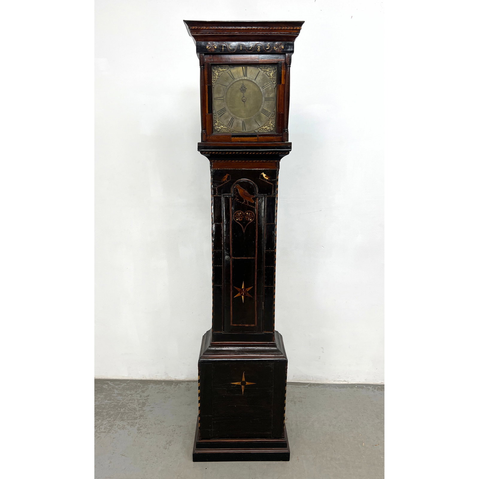 1785 Antique Tall Case Clock. Brass face and Heavily Inlaid with Pennsylvania Dutch style inlay. (1 of 15)