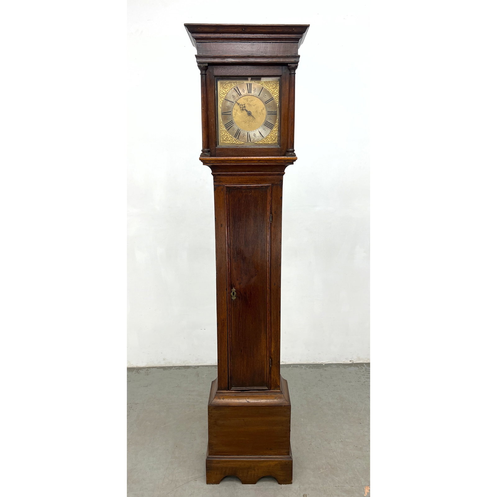Hein Clark Wooton Antique Georgian oak tall Case Clock. Square hood with simple turned columns and a (1 of 13)