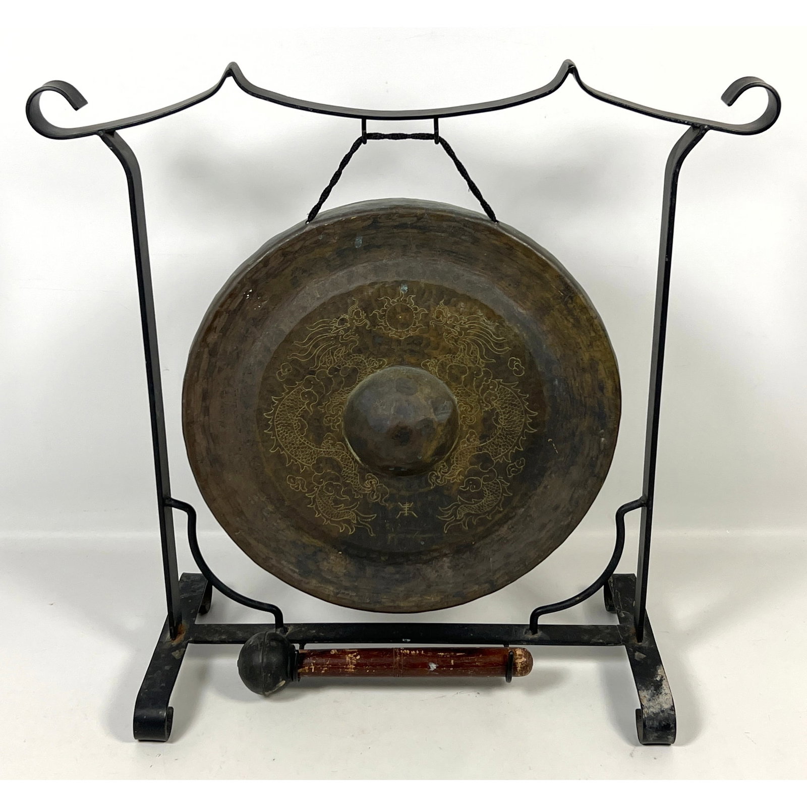 Buddhist Bronze Gong with Stand, Asian. Etched dragon design.: Buddhist Bronze Gong with Stand, Asian. Etched dragon design. Dimensions: Height: 23.5 inches, Width: 24.25 inches, Depth: 10 inches. ---