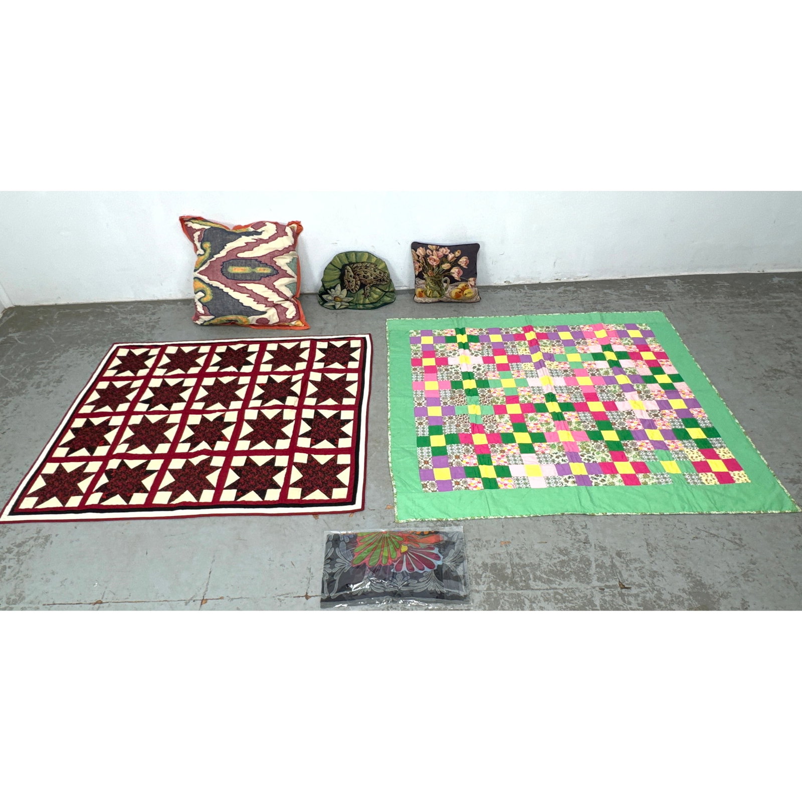 Collection Decorative Textiles including 1989 Star Quilt. Square Design Quilt. Pillows including Fro (1 of 14)