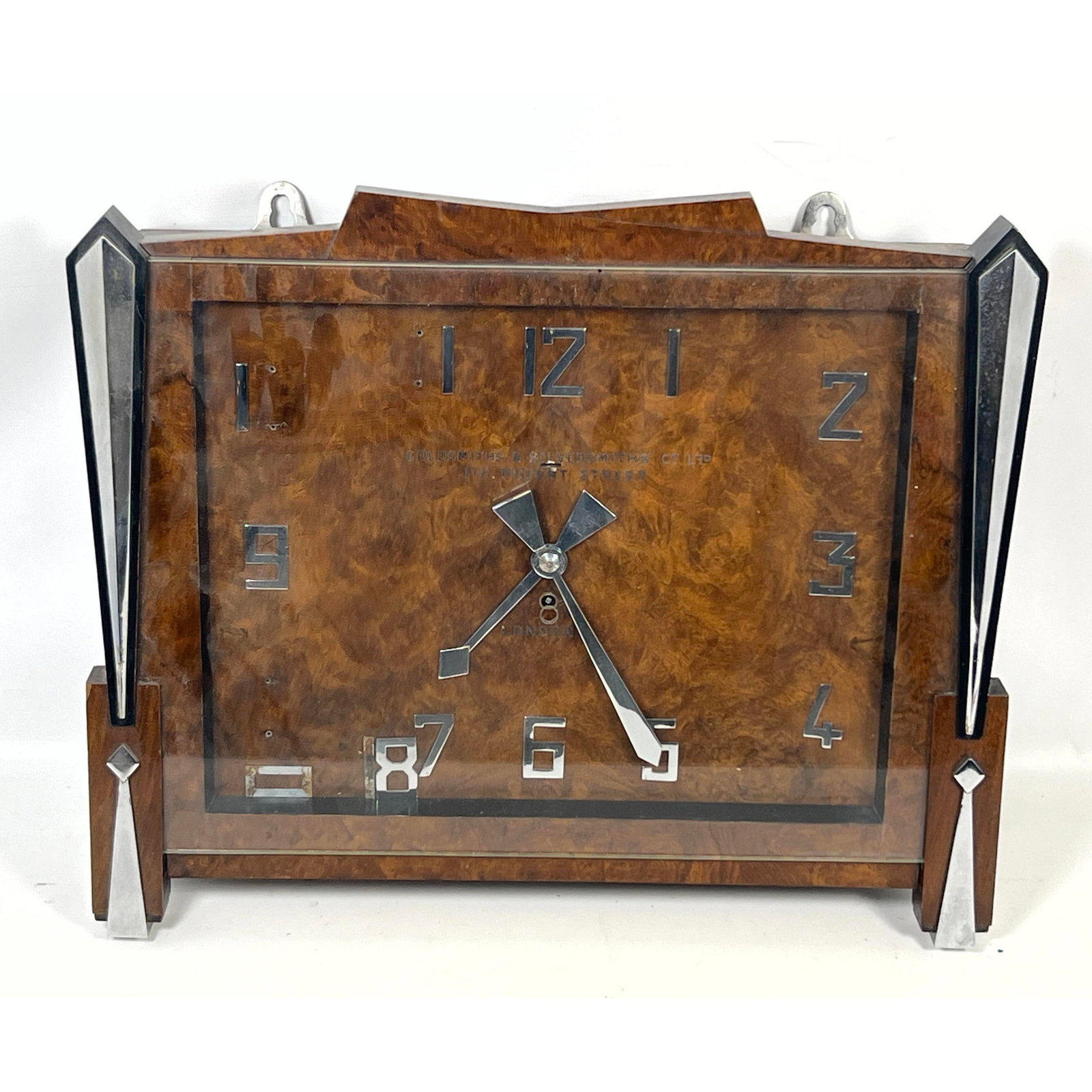 Unusual Burl Walnut Wood Art Deco Wall Clock. Chrome and Black Lacquer Accent and Trim. Face marked (1 of 9)
