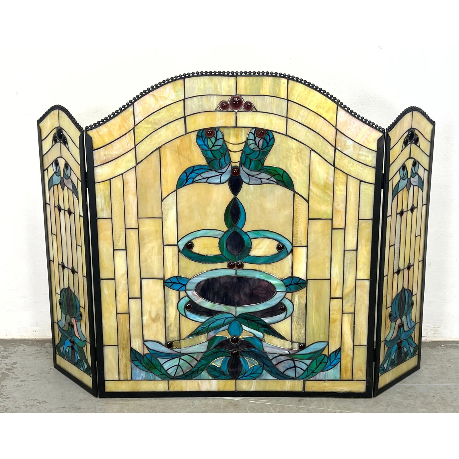 Contemporary Stain Glass 3 Panel Fire Screen. has round jewels. (1 of 8)