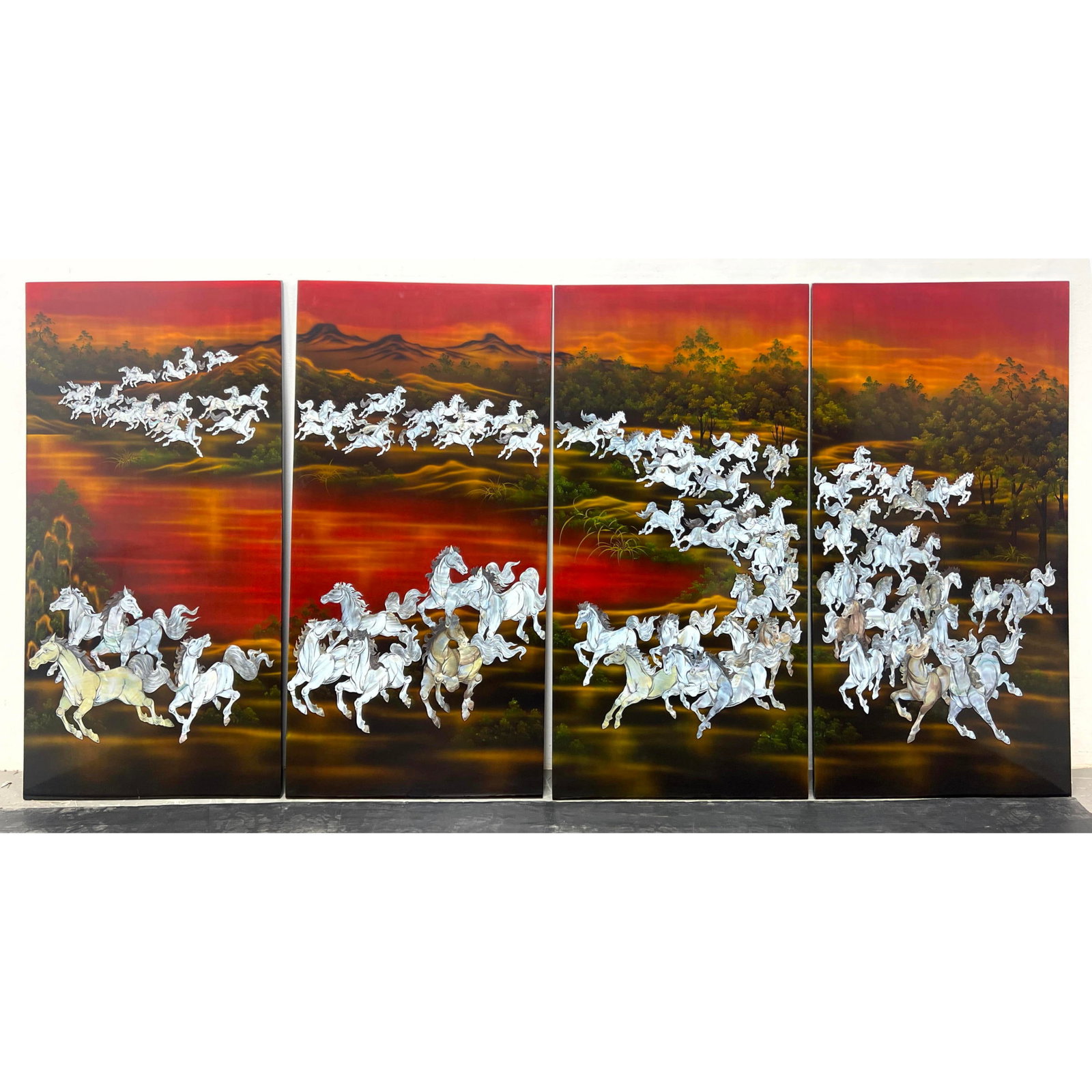4 Panel Vietnamese Lacquer and Mother of Pearl Wall Painting. Depicts the story of 100 horses. has m: 4 Panel Vietnamese Lacquer and Mother of Pearl Wall Painting. Depicts the story of 100 horses. has metal strips for mounting. Dimensions: Height: 47 inches, Width: 95 inches. - Additional Dimensions:
