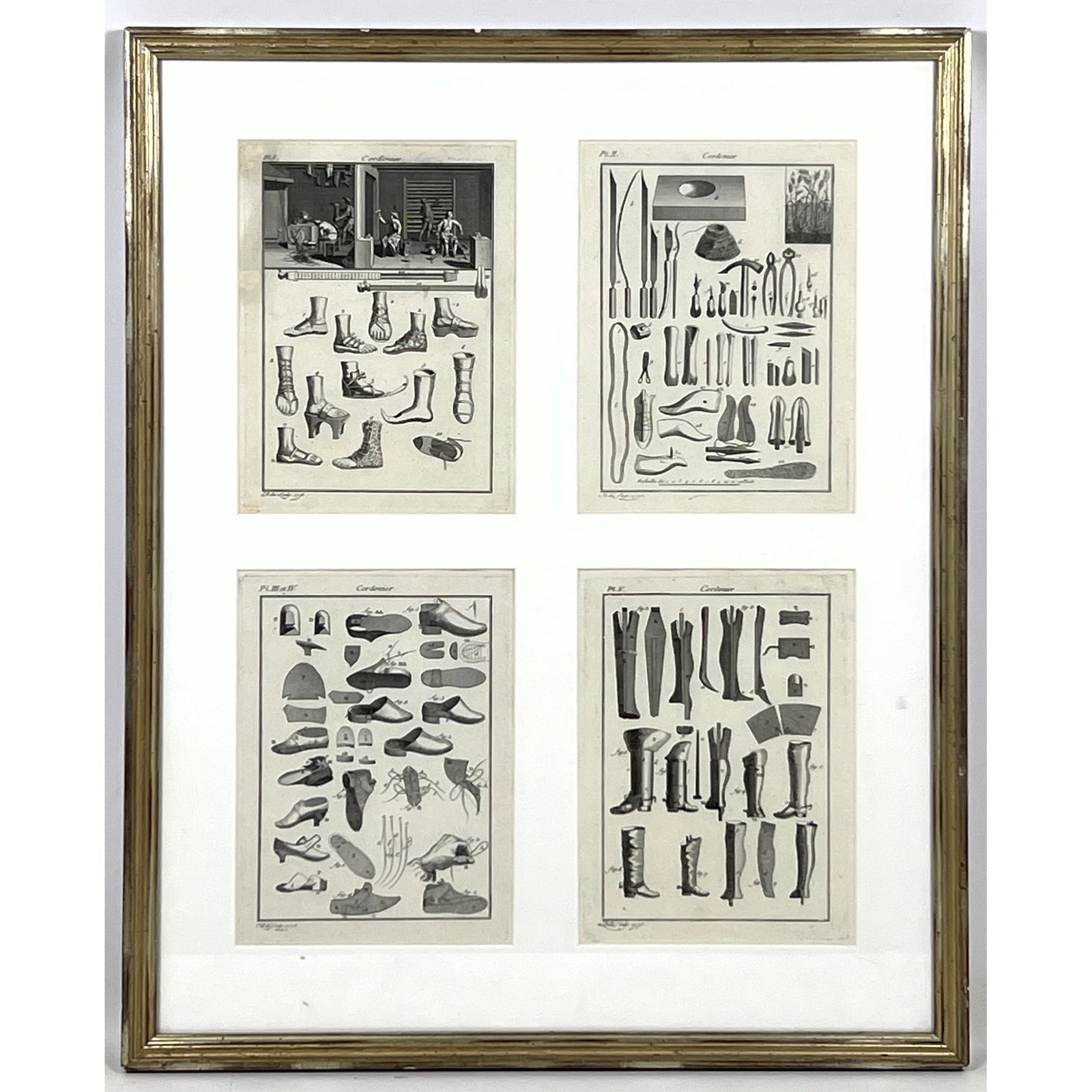 Set of four engravings on paper titled Cordonier. all Mounted in 1 frame. Cobblers shoes.: Set of four engravings on paper titled Cordonier. all Mounted in 1 frame. Cobblers shoes. Dimensions: Frame Height: 24.5 inches, Frame Width: 19.5 inches. - Image Size: Image Height: 19 inches, Image