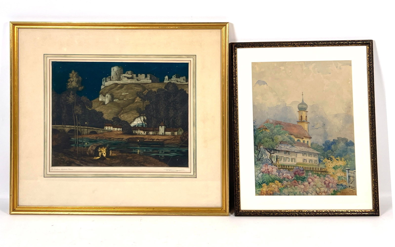 2pc Landscape Art. 1) K WAGENFUEHR Watercolor Painting of Colorful Garden leading to Grand House. Si (1 of 17)