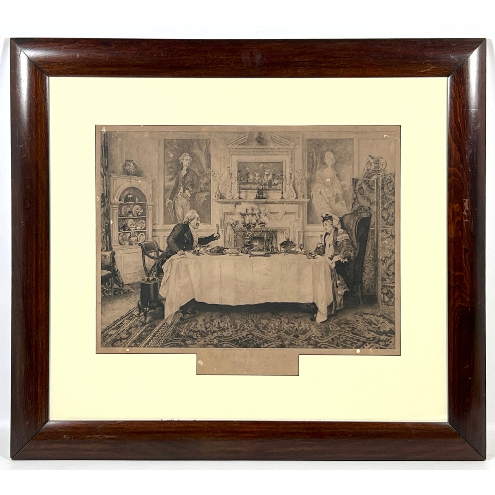 1890 intaglio print, primarily an etching with engraved details, is titled Darby and Joan. The work: 1890 intaglio print, primarily an etching with engraved details, is titled Darby and Joan. The work was etched by William Henry Boucher Dimensions: Frame Height: 26 inches, Frame Width: 31.75 inches.